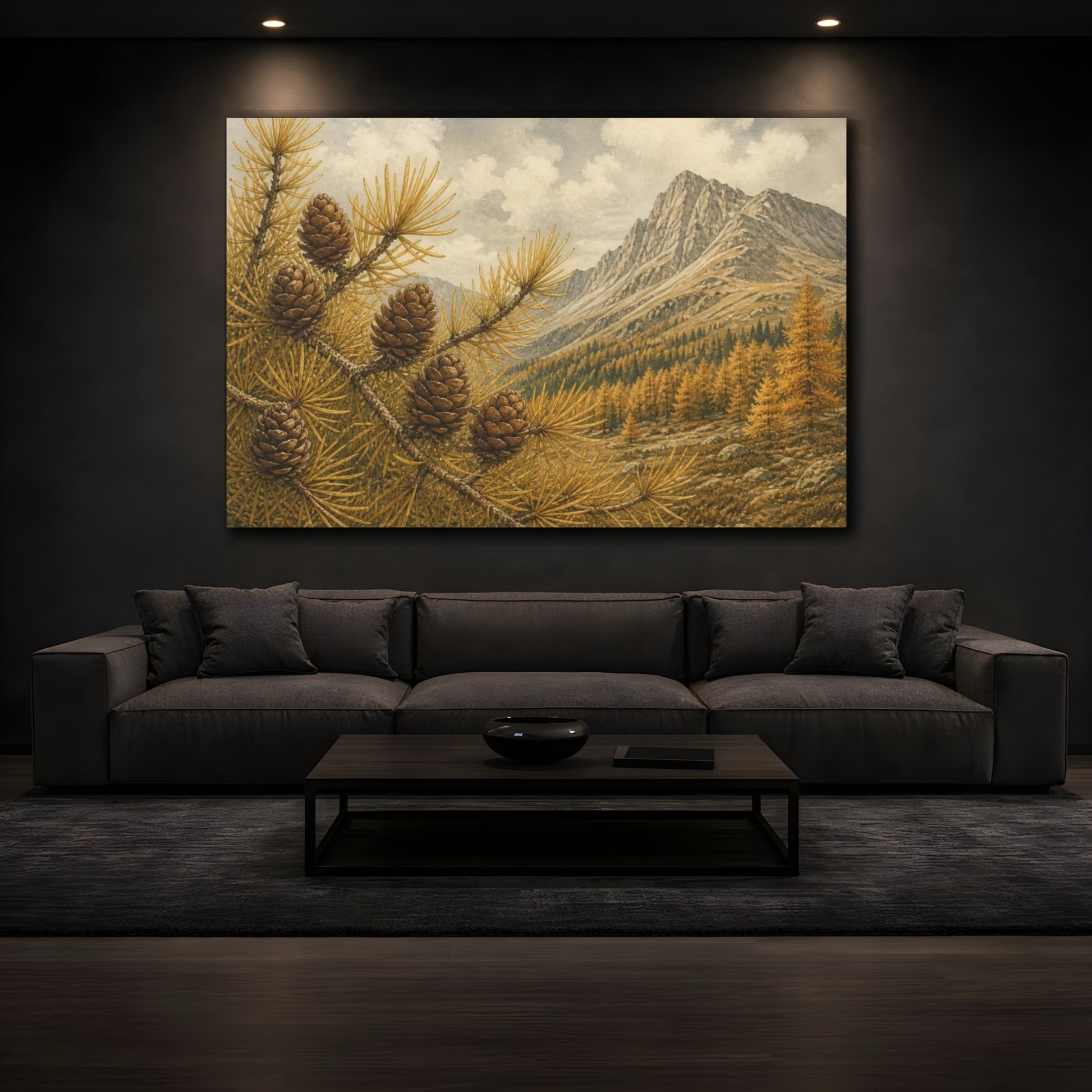 Mockup 3. Golden Larch Cones Landscape shown as canvas print
