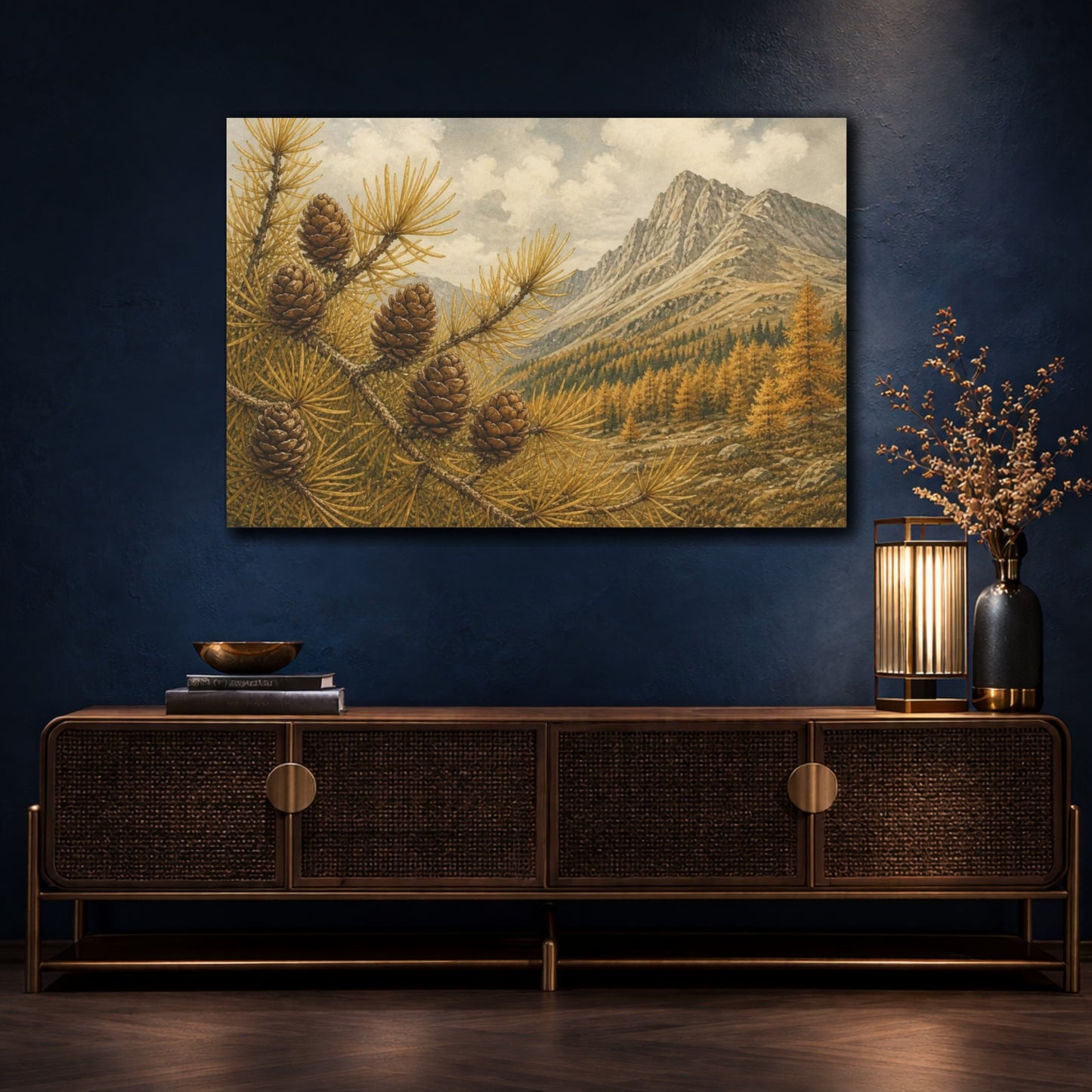 Mockup 4. Golden Larch Cones Landscape shown as canvas print