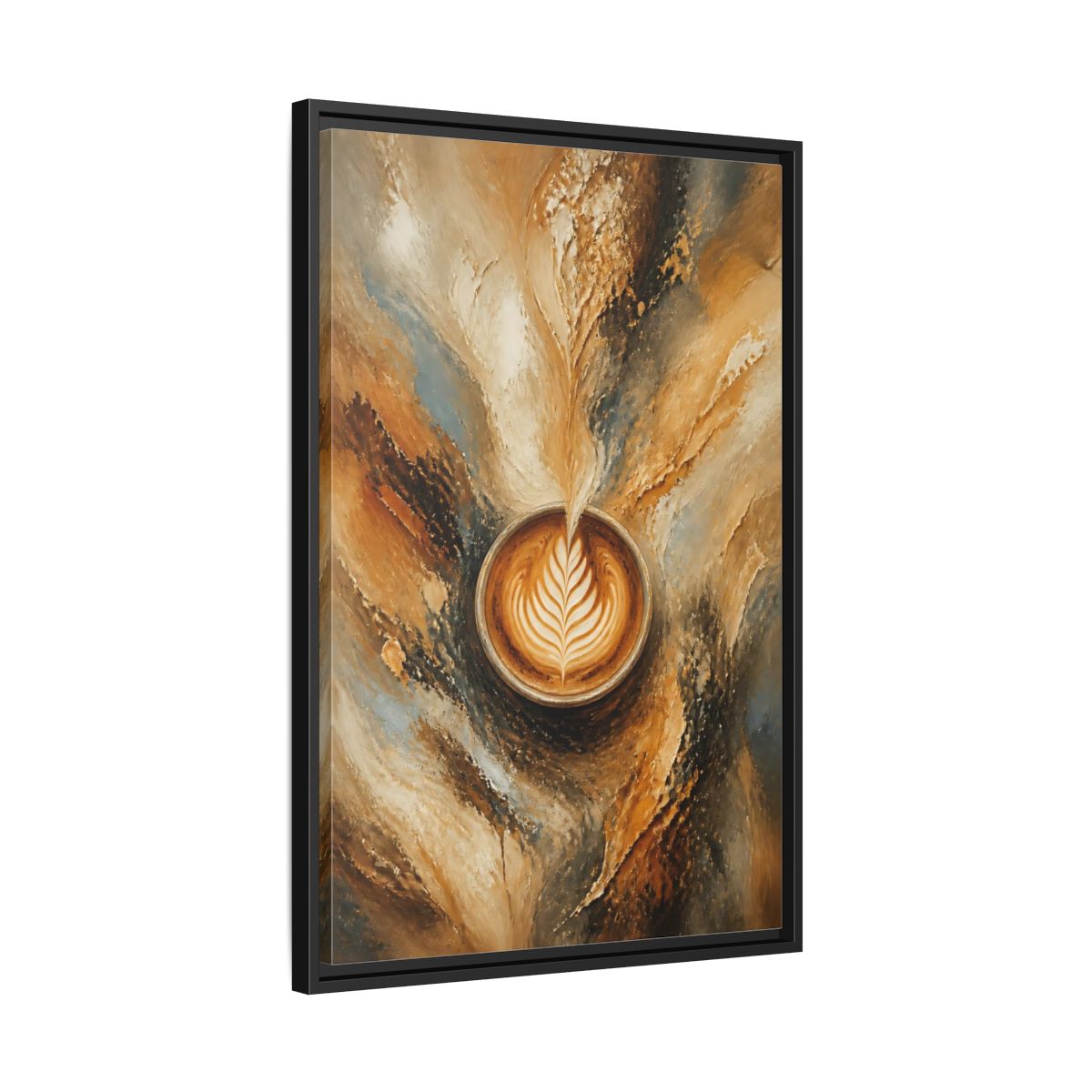 Side Mockup 14. Golden Latte Cup shown as framed canvas print