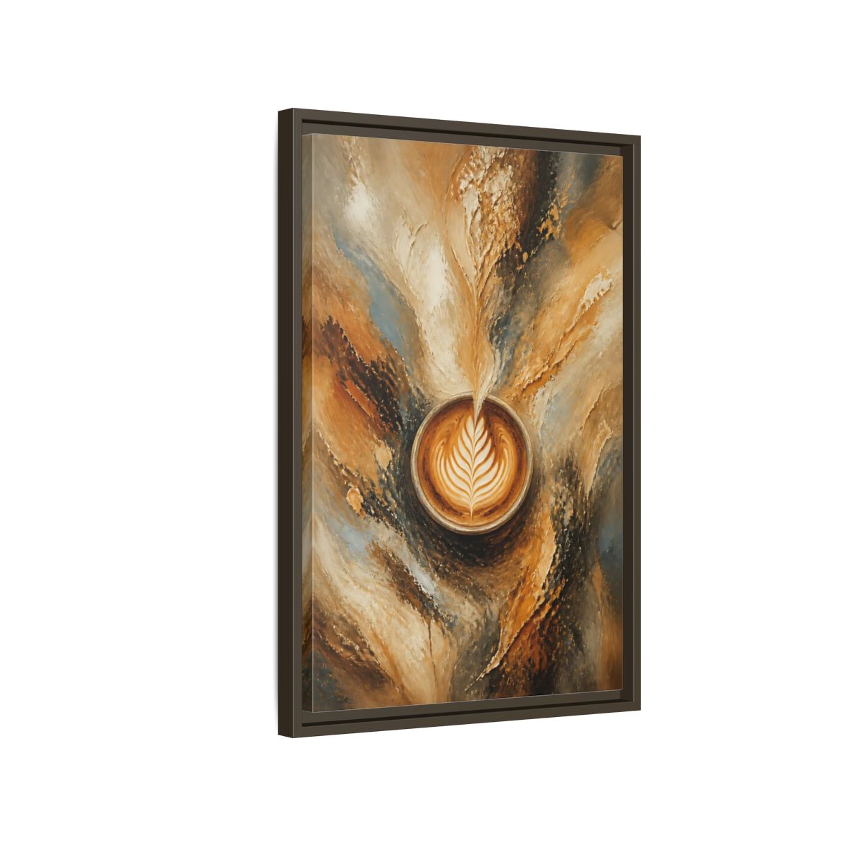 Side Mockup 2. Golden Latte Cup shown as framed canvas print