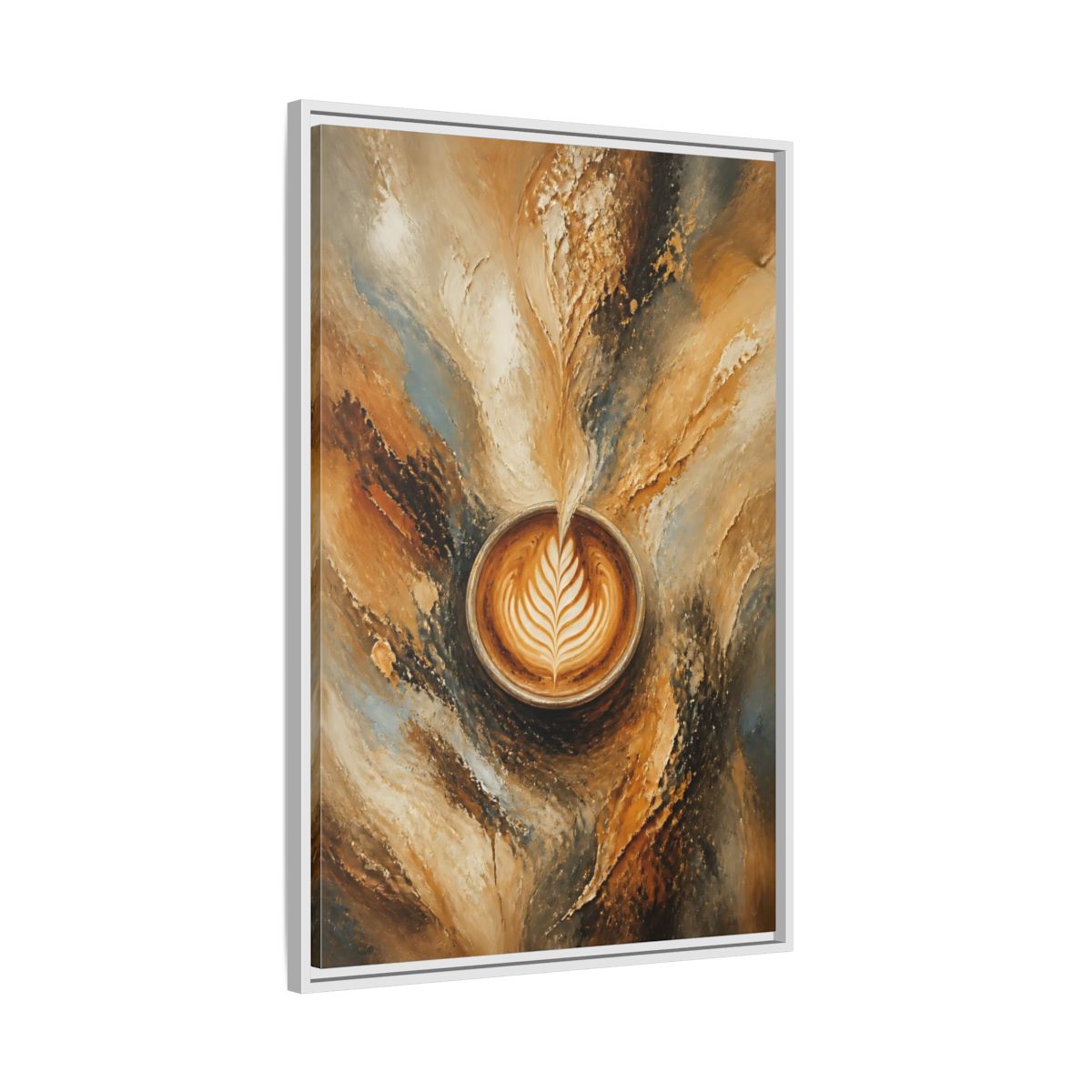 Side Mockup 9. Golden Latte Cup shown as framed canvas print