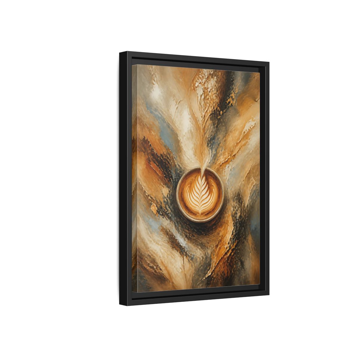 Side Mockup 6. Golden Latte Cup shown as framed canvas print