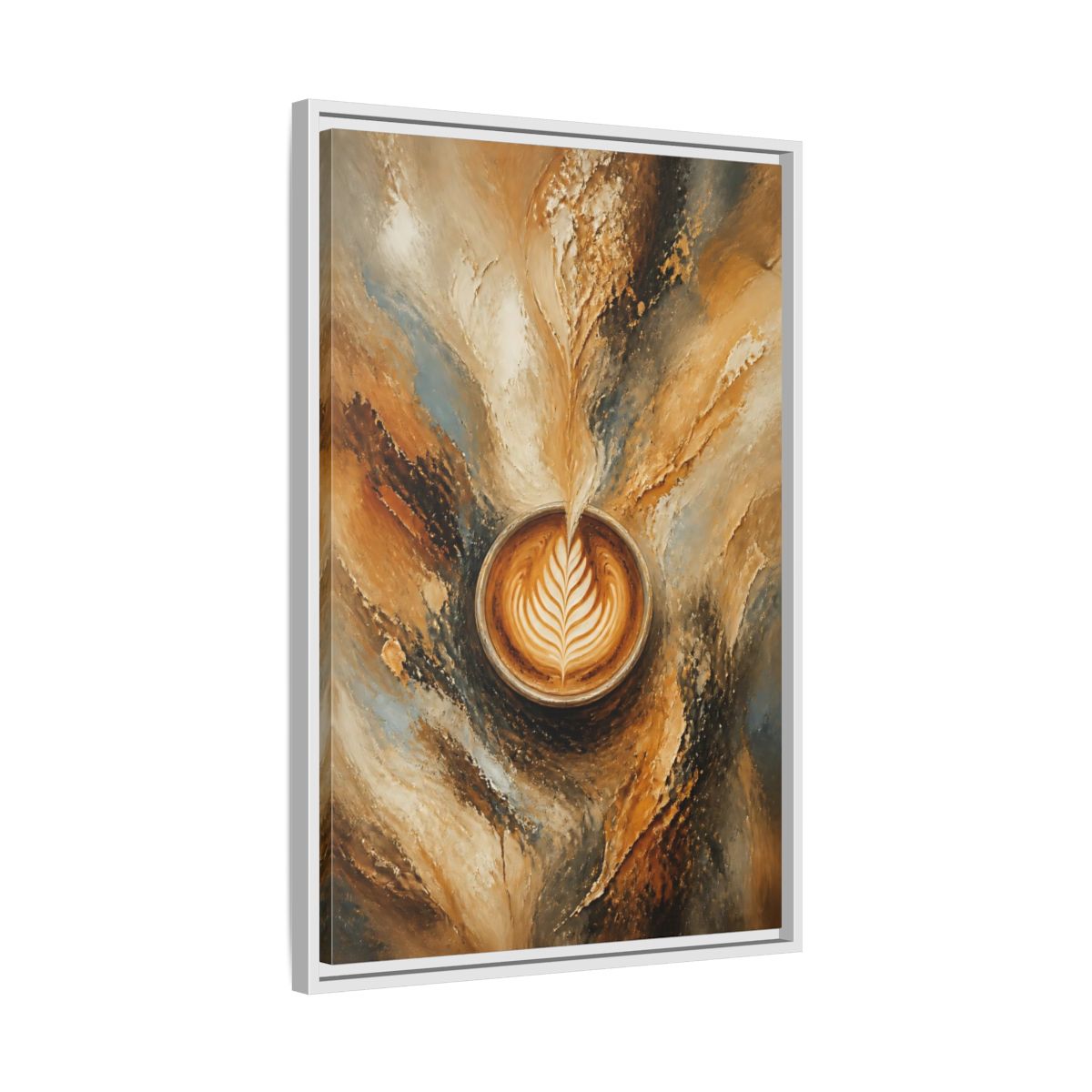 Side Mockup 10. Golden Latte Cup shown as framed canvas print