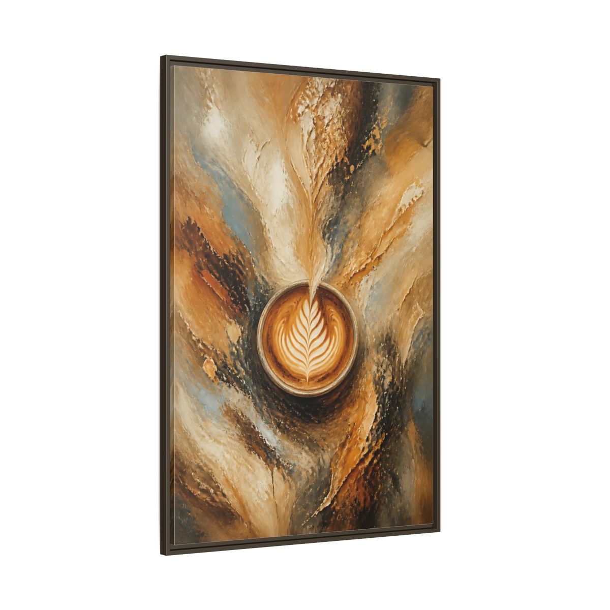Side Mockup 8. Golden Latte Cup shown as framed canvas print