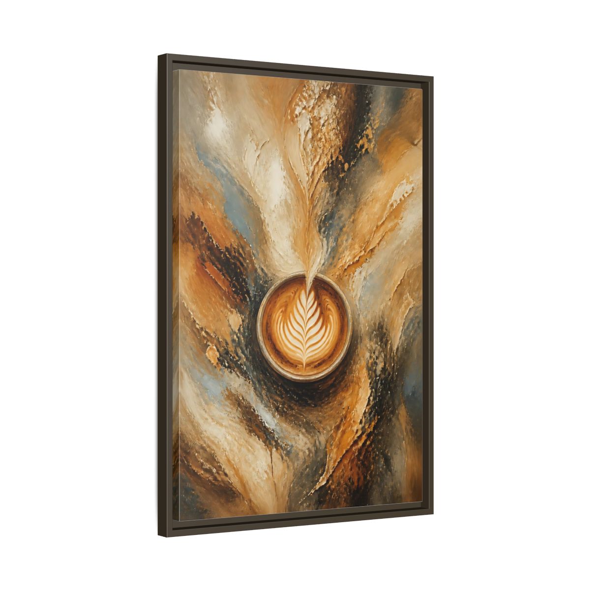 Side Mockup 11. Golden Latte Cup shown as framed canvas print