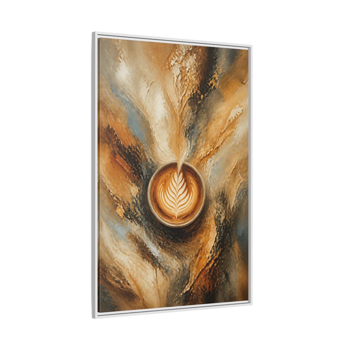 Side Mockup 7. Golden Latte Cup shown as framed canvas print
