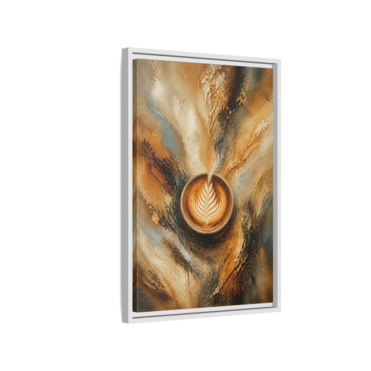 Side Mockup 1. Golden Latte Cup shown as framed canvas print