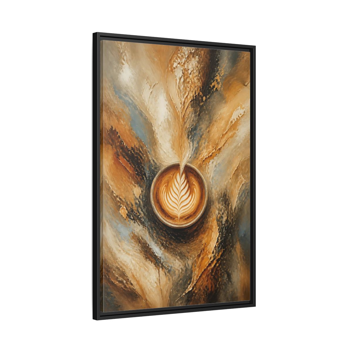 Side Mockup 13. Golden Latte Cup shown as framed canvas print
