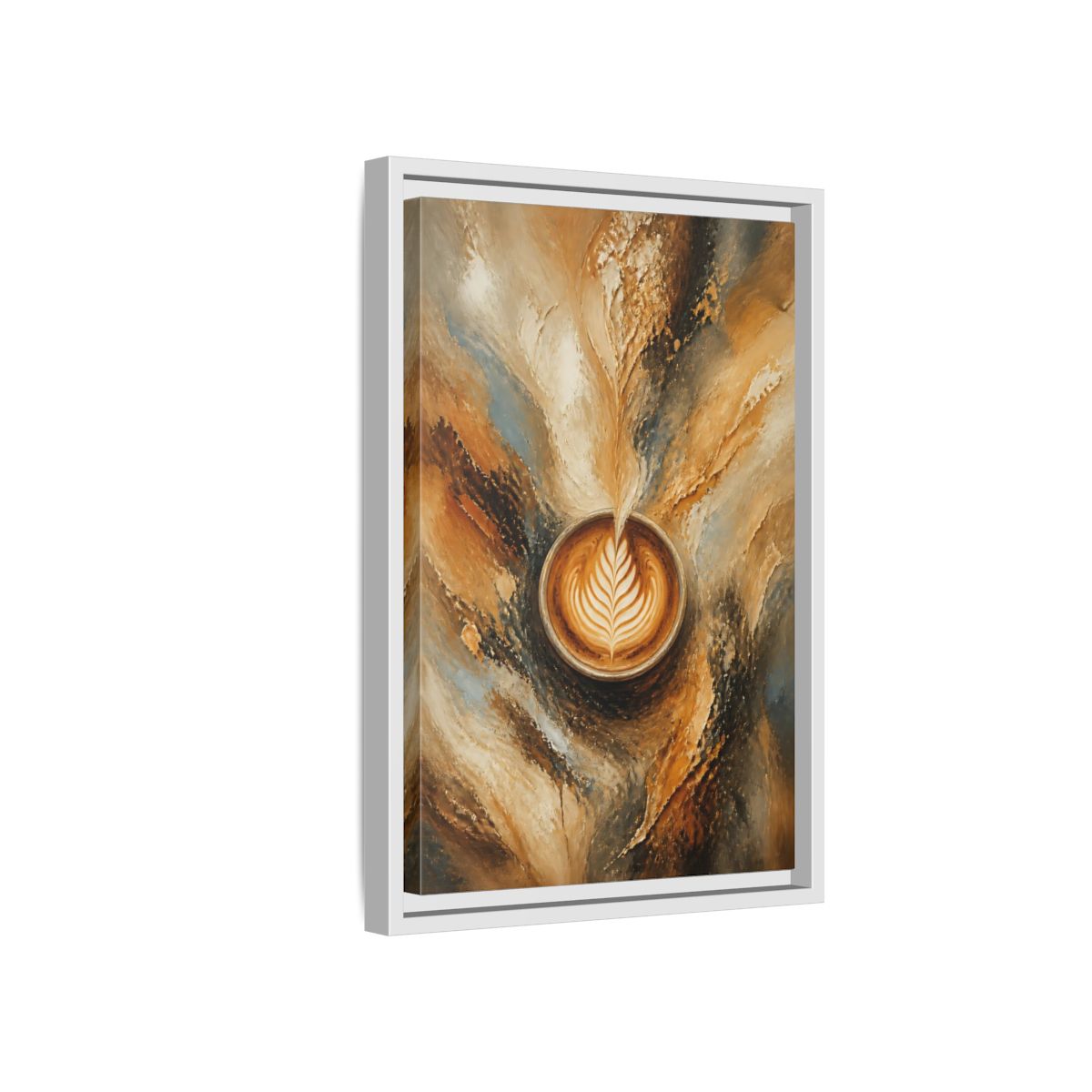 Side Mockup 4. Golden Latte Cup shown as framed canvas print