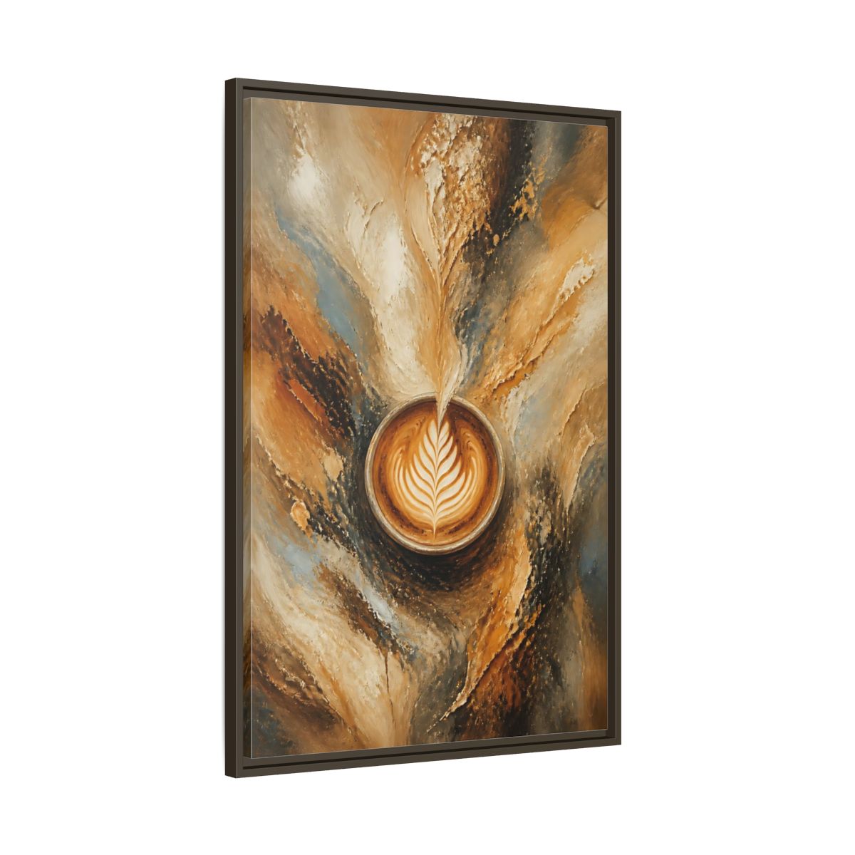 Main Mockup. Golden Latte Cup shown as framed canvas print