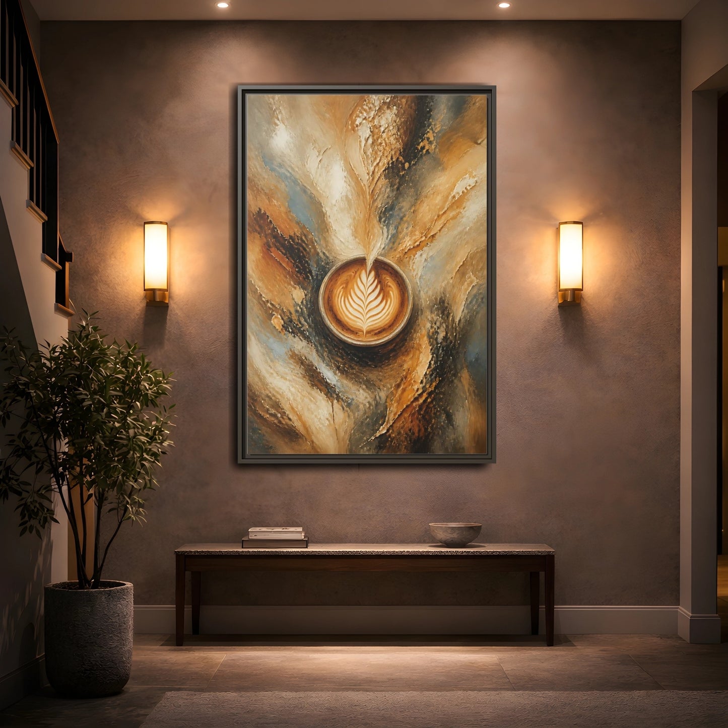 Mockup 2. Golden Latte Cup shown as framed canvas print