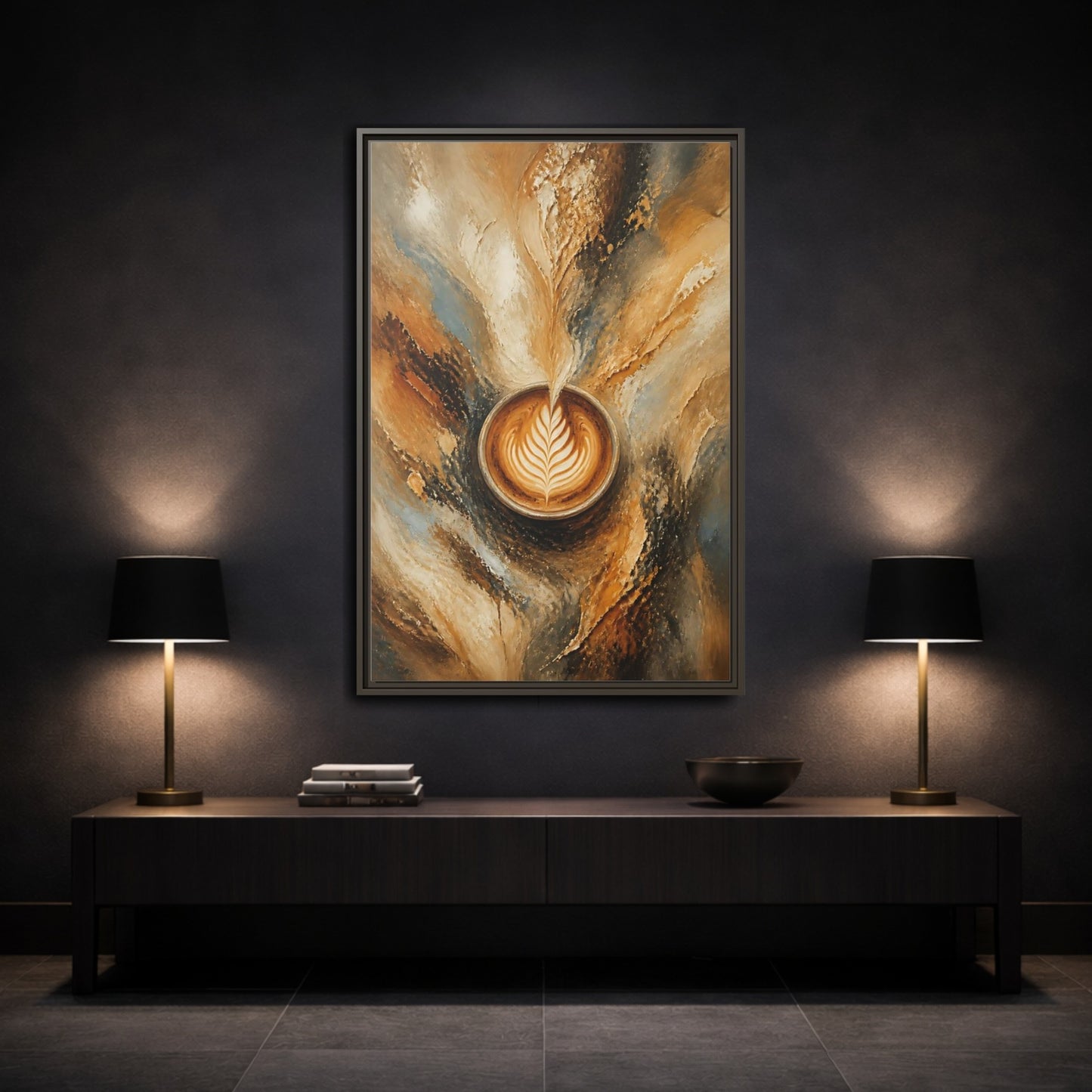 Mockup 3. Golden Latte Cup shown as framed canvas print