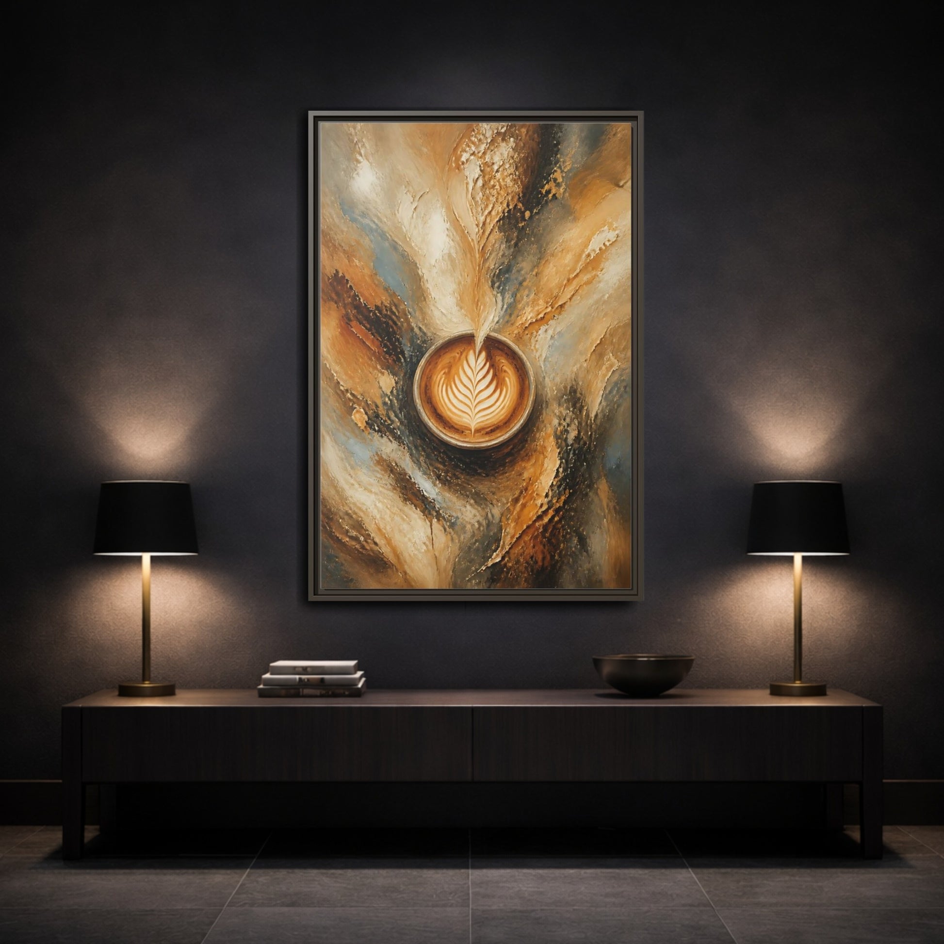 Mockup 3. Golden Latte Cup shown as framed canvas print