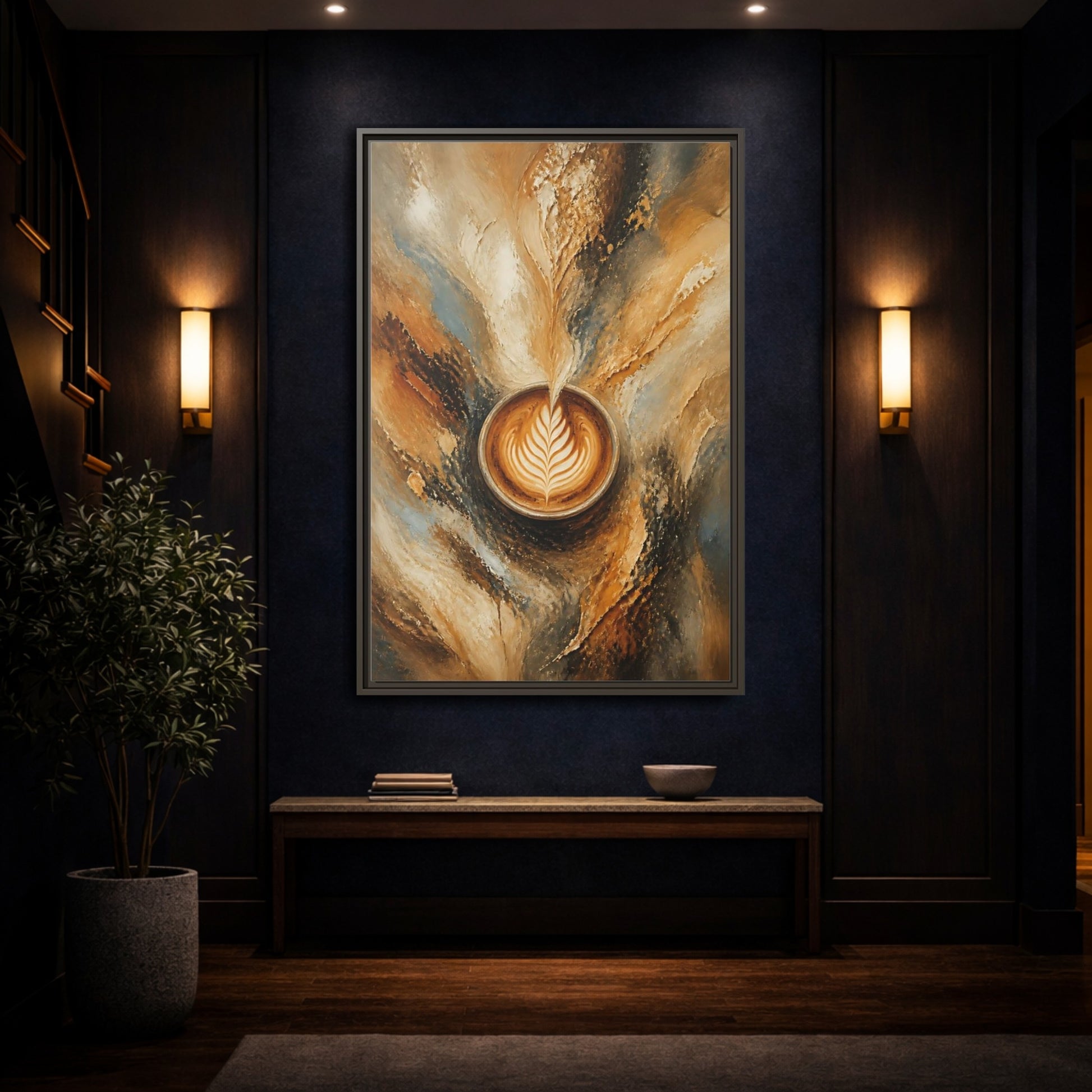 Mockup 4. Golden Latte Cup shown as framed canvas print