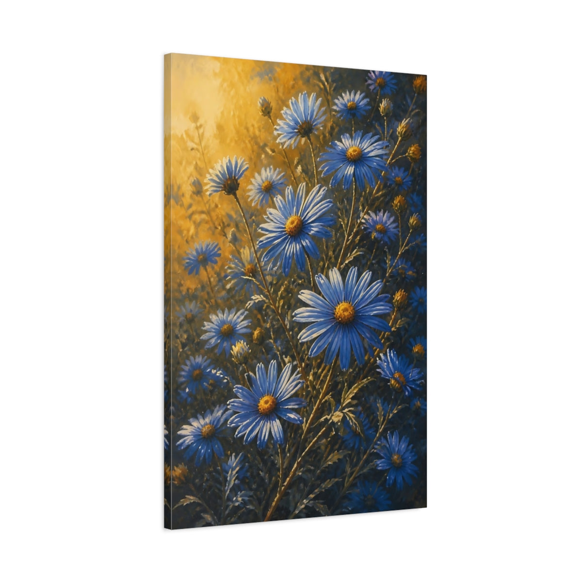 Main Mockup. Golden Light Blue Daisies shown as canvas print