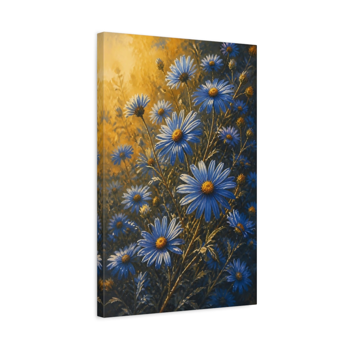 Side Mockup 3. Golden Light Blue Daisies shown as canvas print