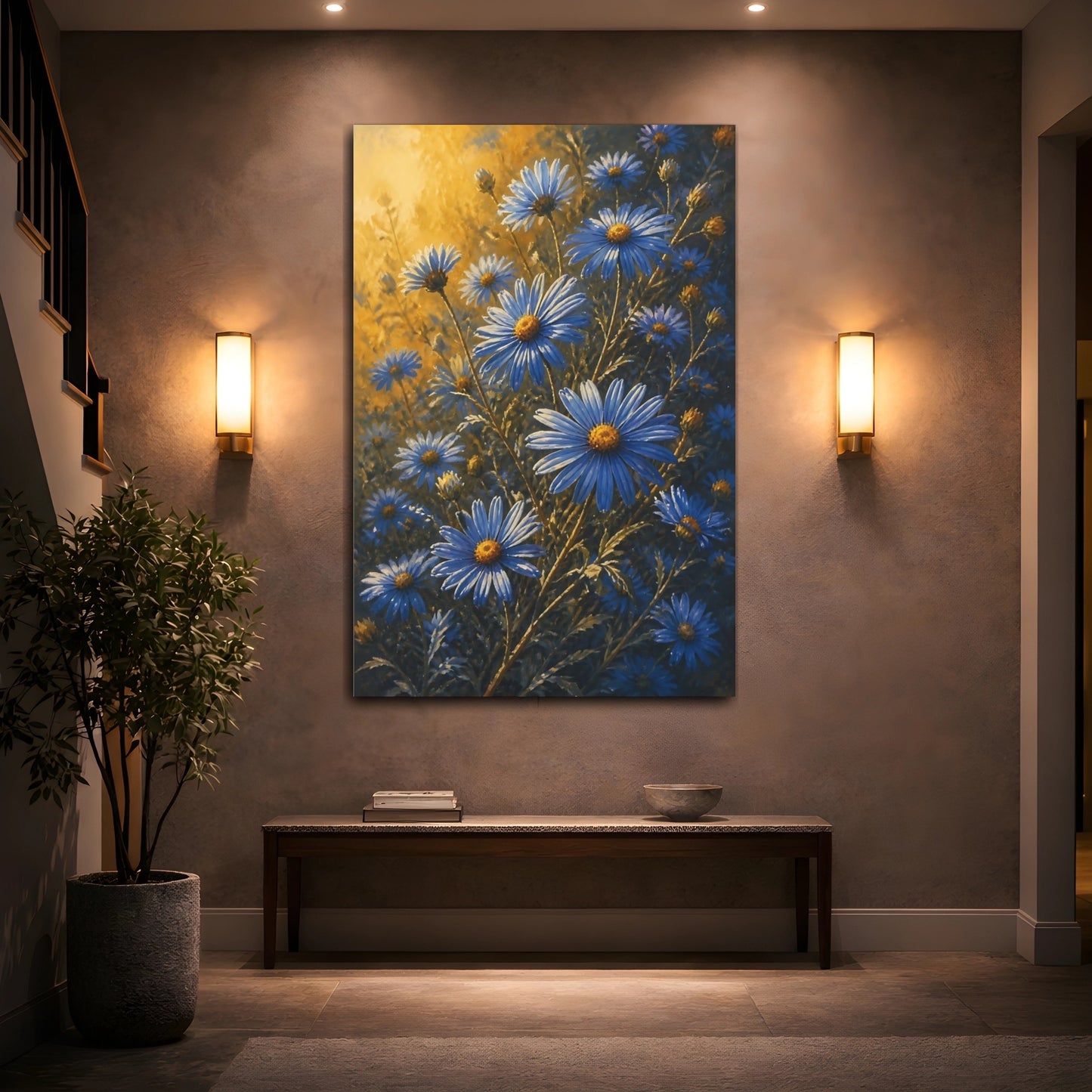 Mockup 2. Golden Light Blue Daisies shown as canvas print
