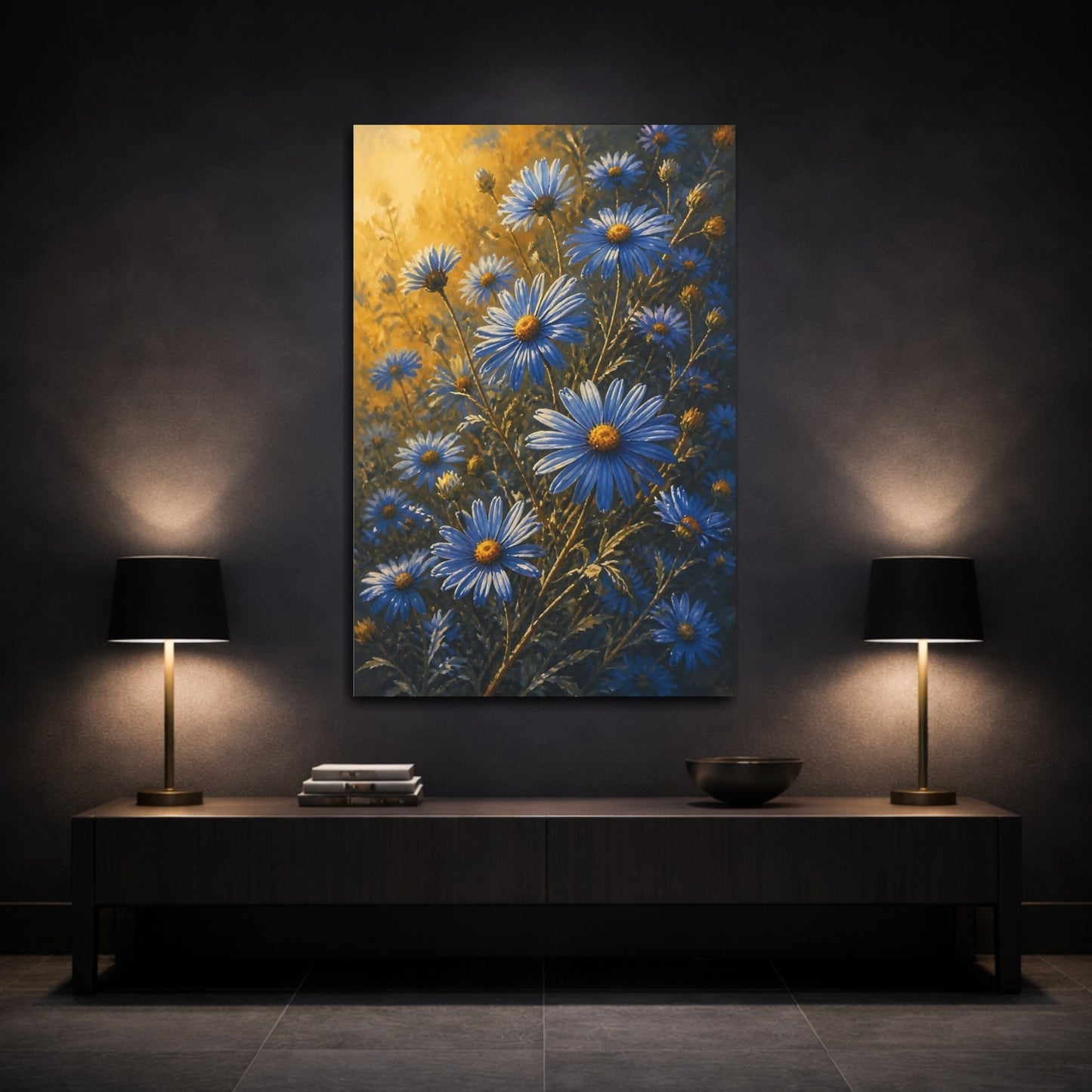 Mockup 3. Golden Light Blue Daisies shown as canvas print