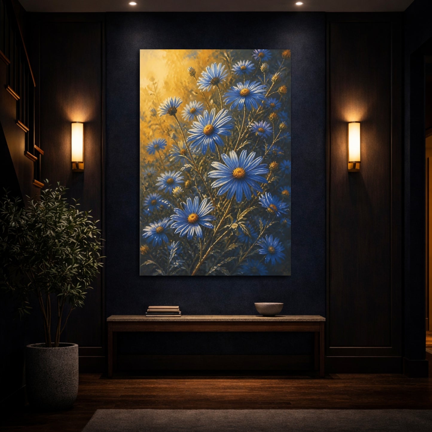 Mockup 4. Golden Light Blue Daisies shown as canvas print