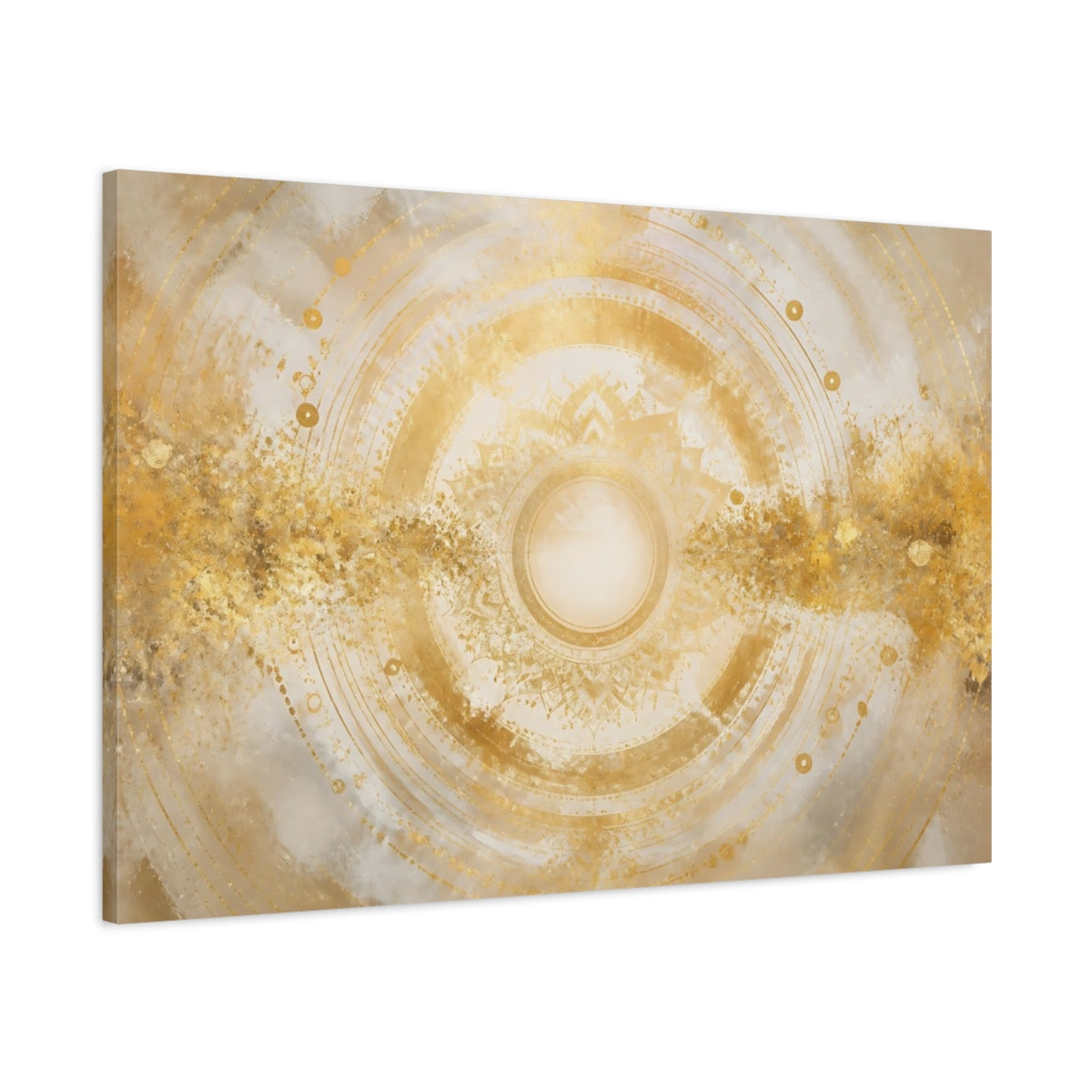 Main Mockup. Golden Mandala Sun shown as canvas print