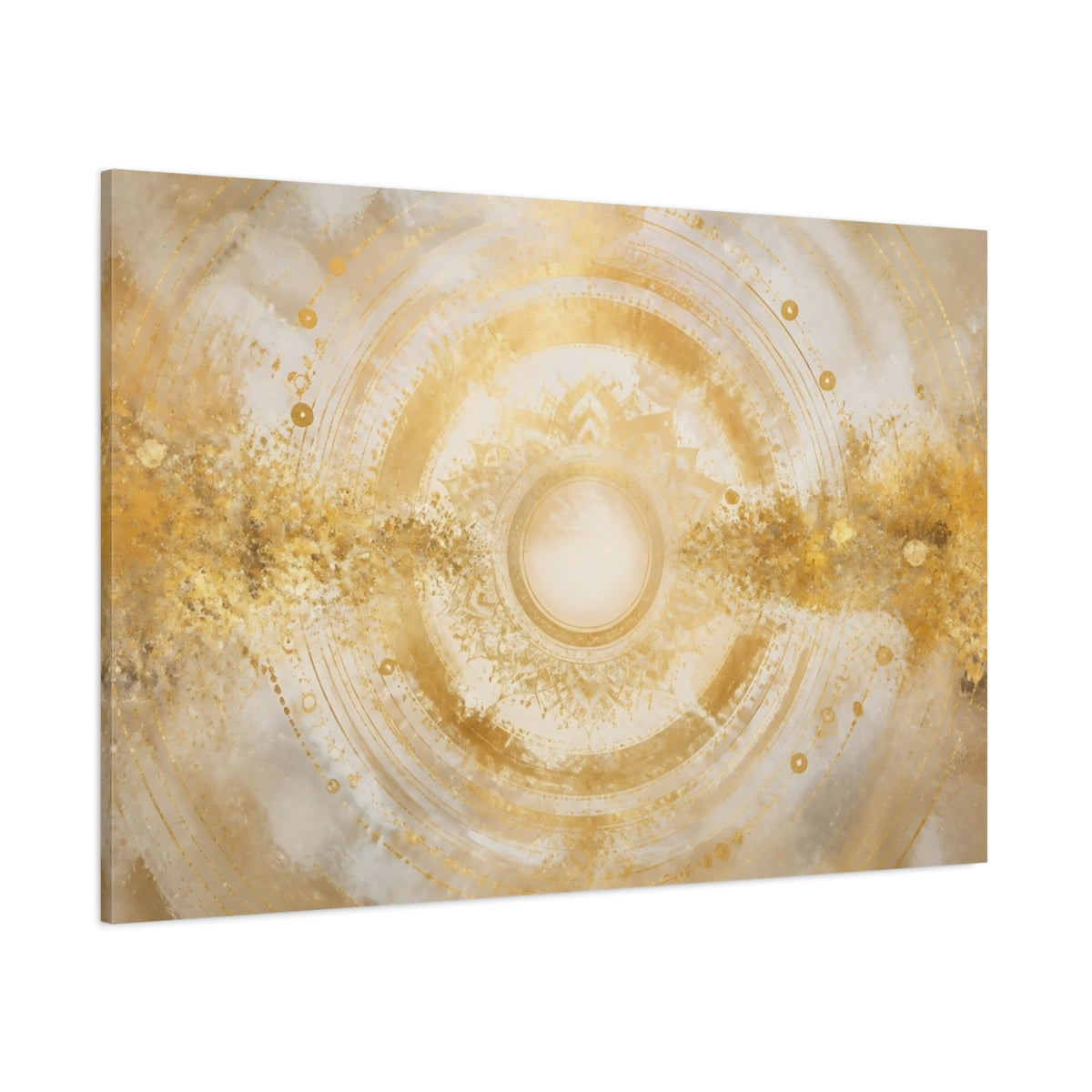 Side Mockup 1. Golden Mandala Sun shown as canvas print