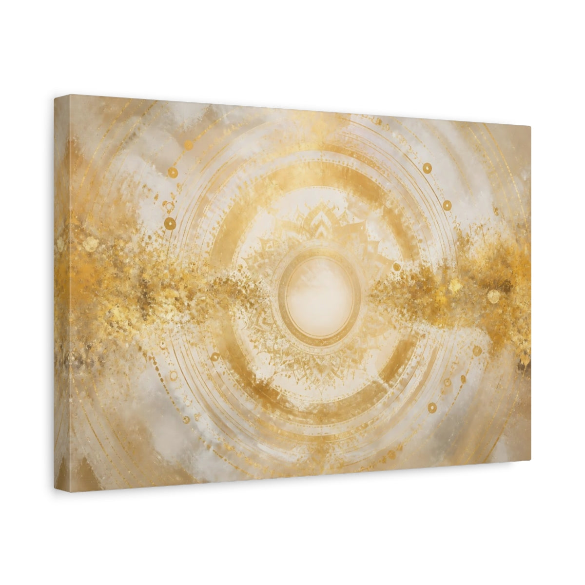 Side Mockup 4. Golden Mandala Sun shown as canvas print