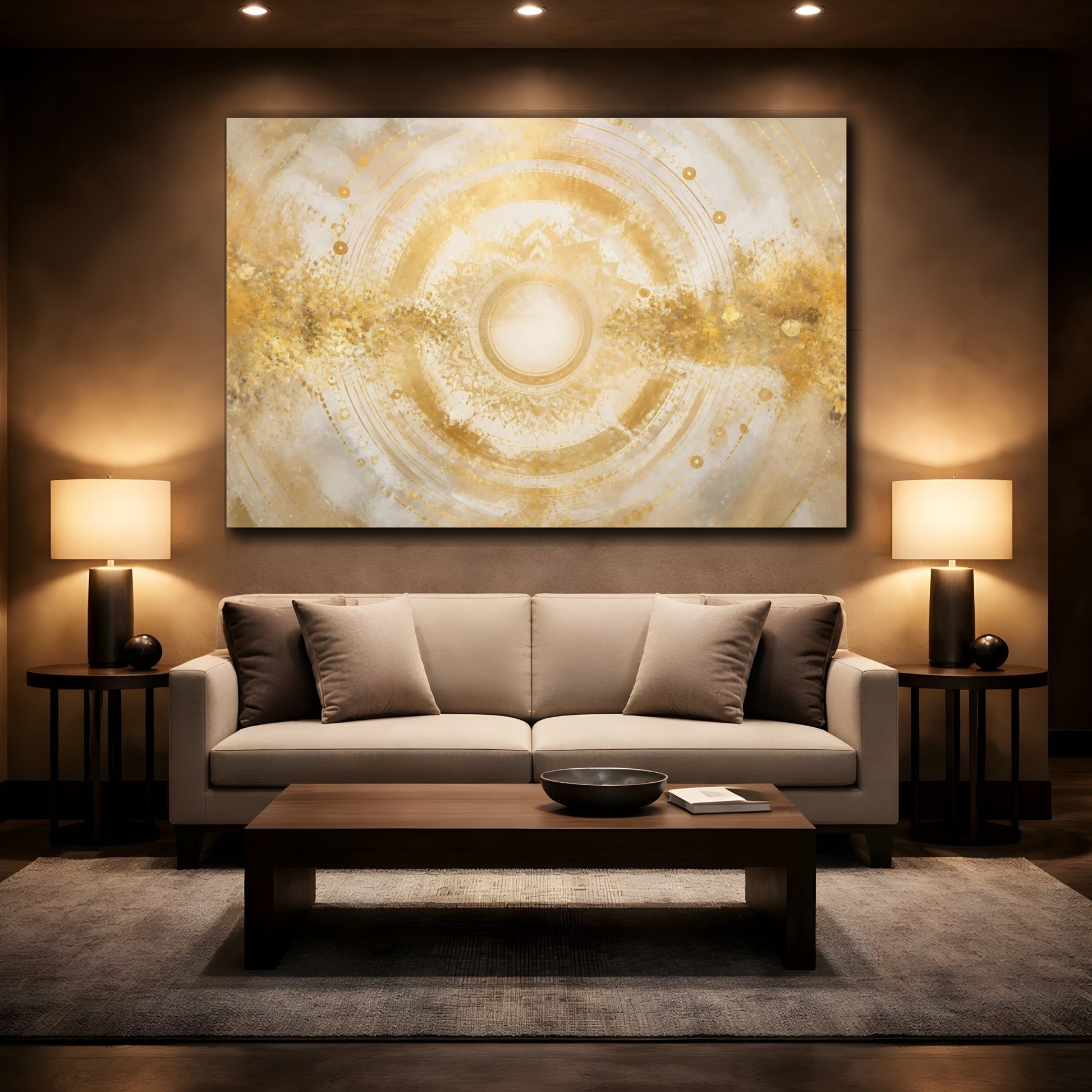 Mockup 2. Golden Mandala Sun shown as canvas print