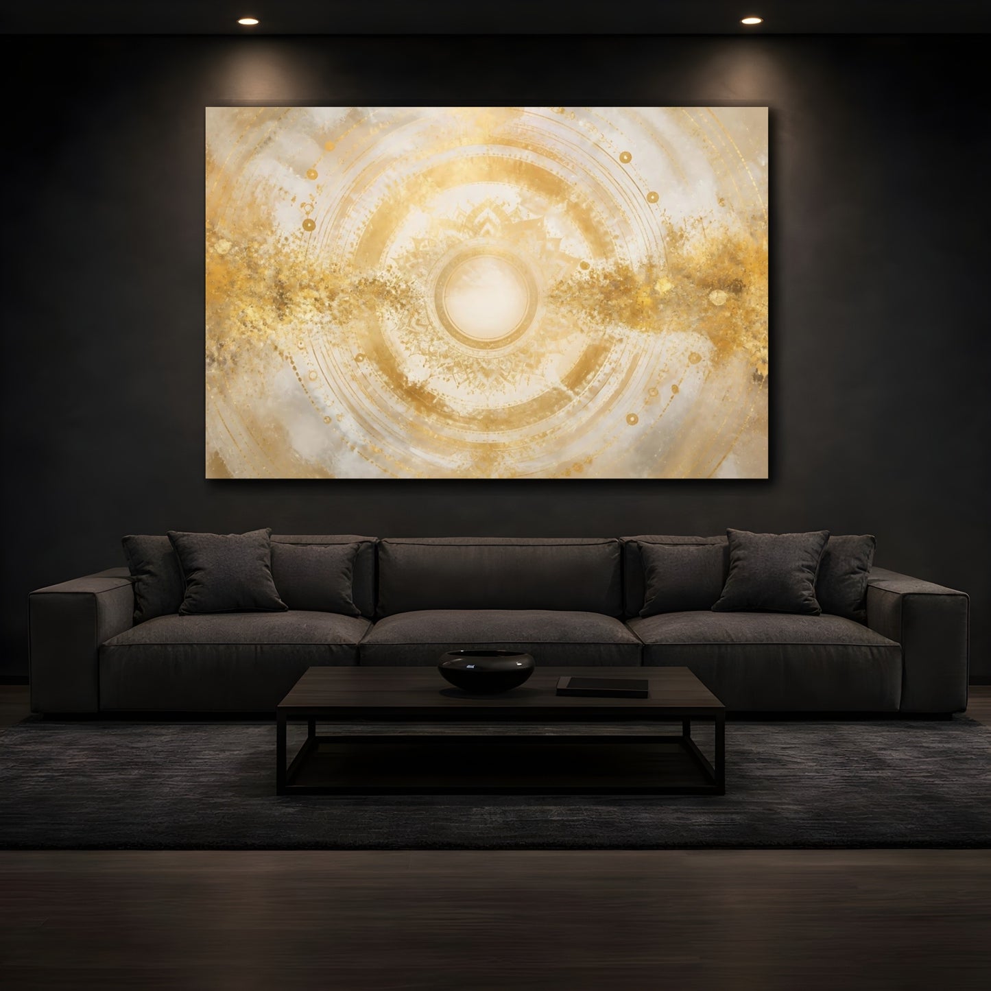 Mockup 3. Golden Mandala Sun shown as canvas print