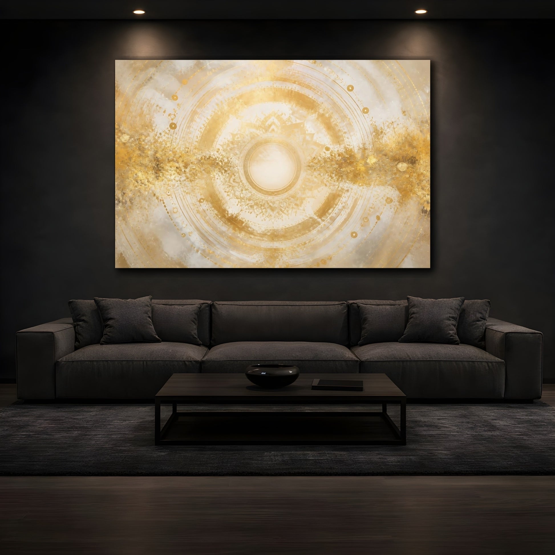 Mockup 3. Golden Mandala Sun shown as canvas print
