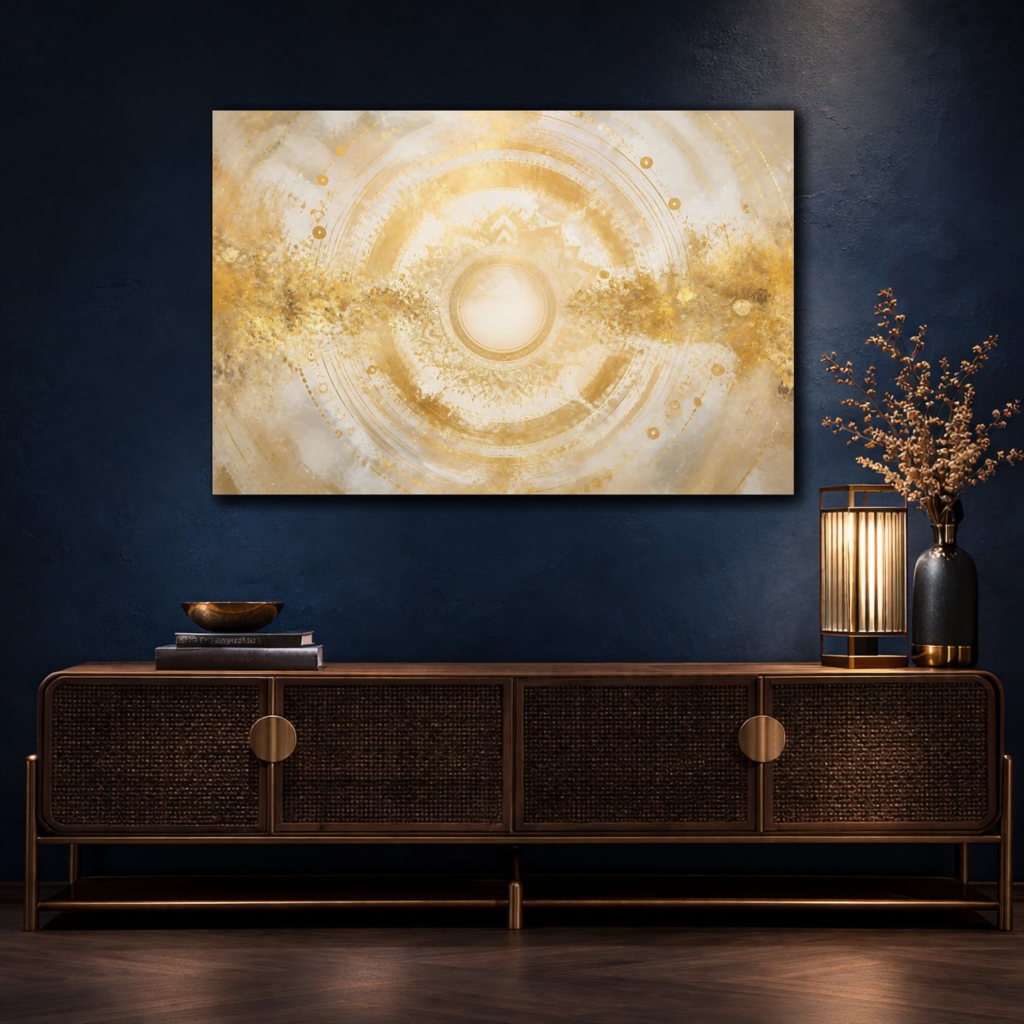 Mockup 4. Golden Mandala Sun shown as canvas print