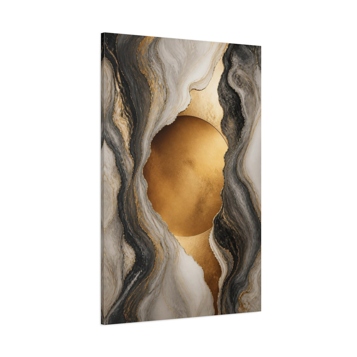 Side Mockup 1. Golden Marble Circle shown as canvas print