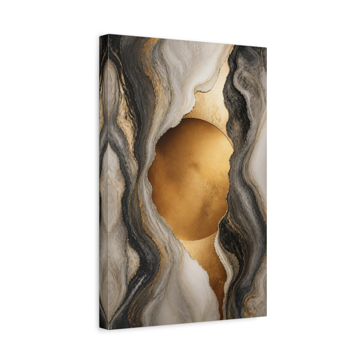 Side Mockup 4. Golden Marble Circle shown as canvas print
