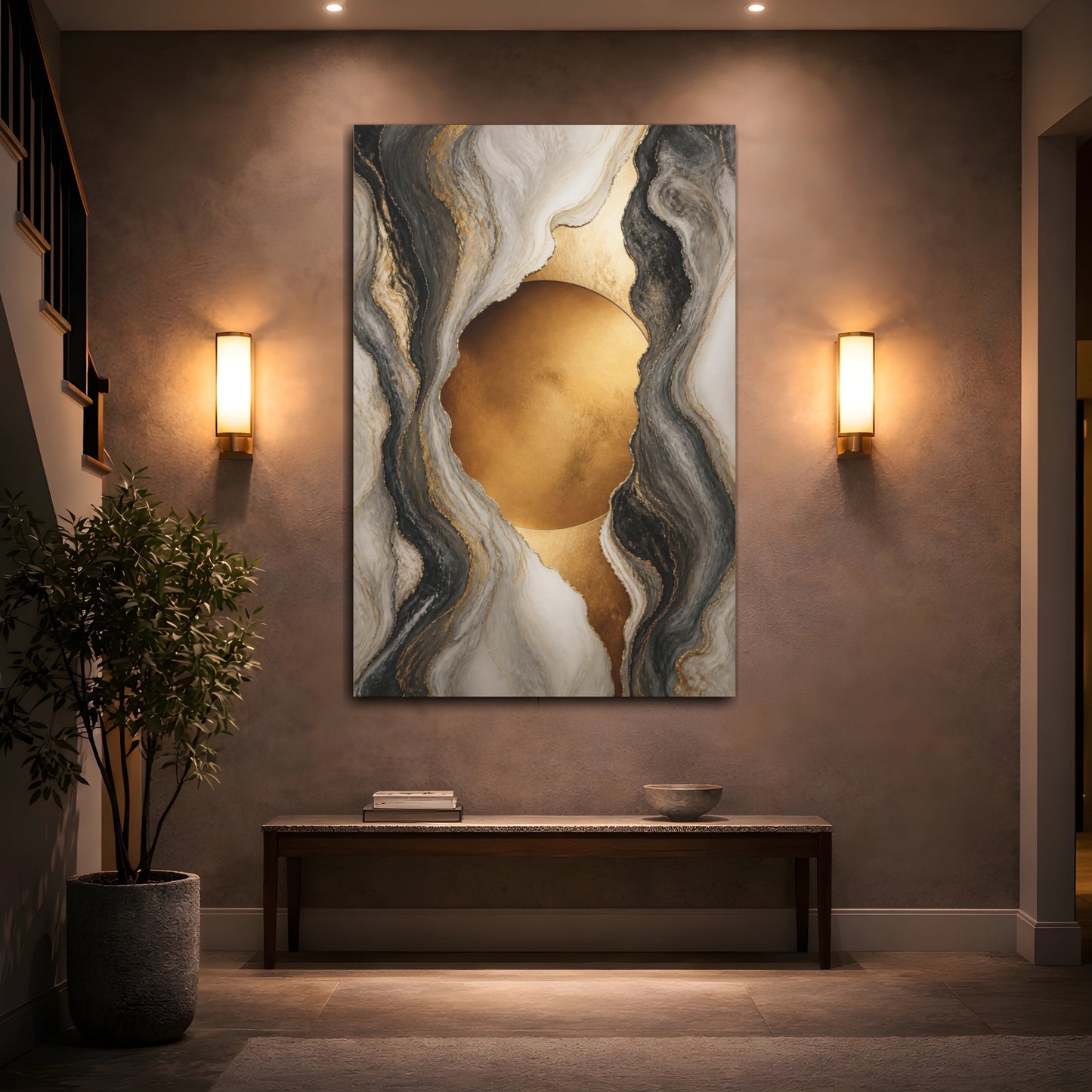 Mockup 2. Golden Marble Circle shown as canvas print