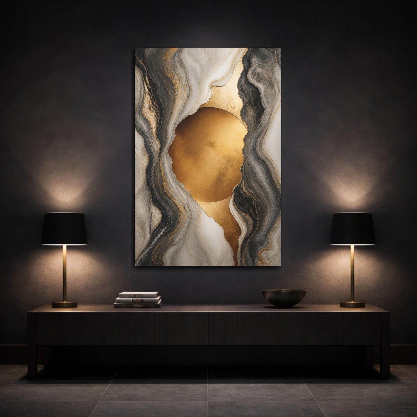 Mockup 3. Golden Marble Circle shown as canvas print