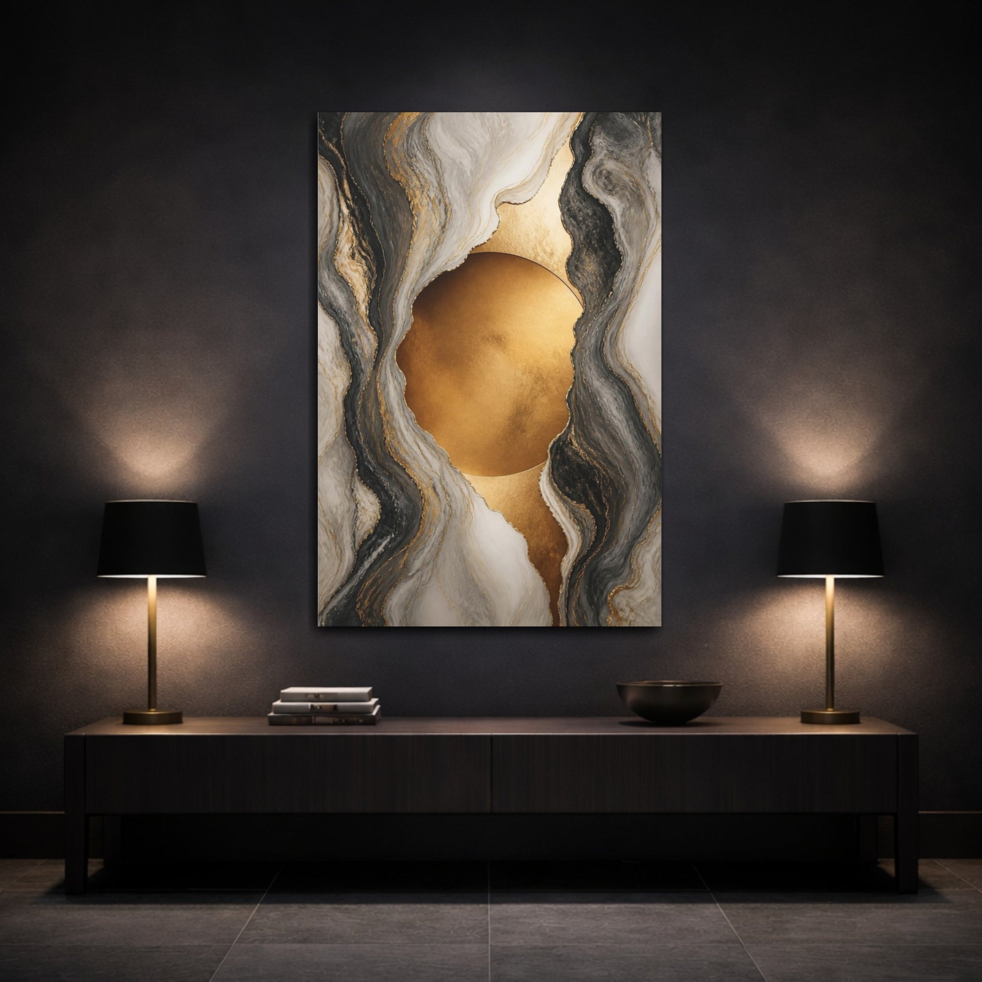 Mockup 3. Golden Marble Circle shown as canvas print