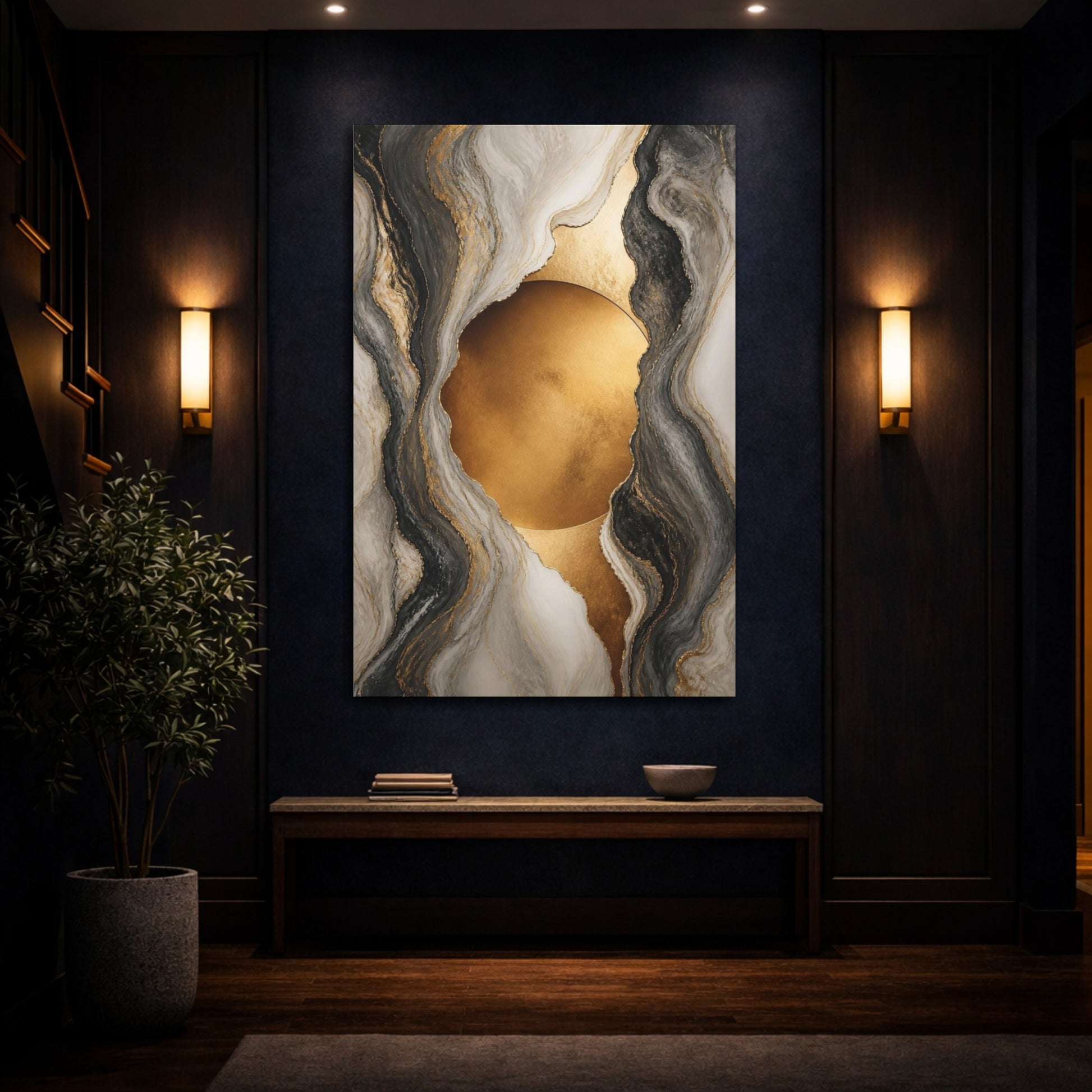 Mockup 4. Golden Marble Circle shown as canvas print