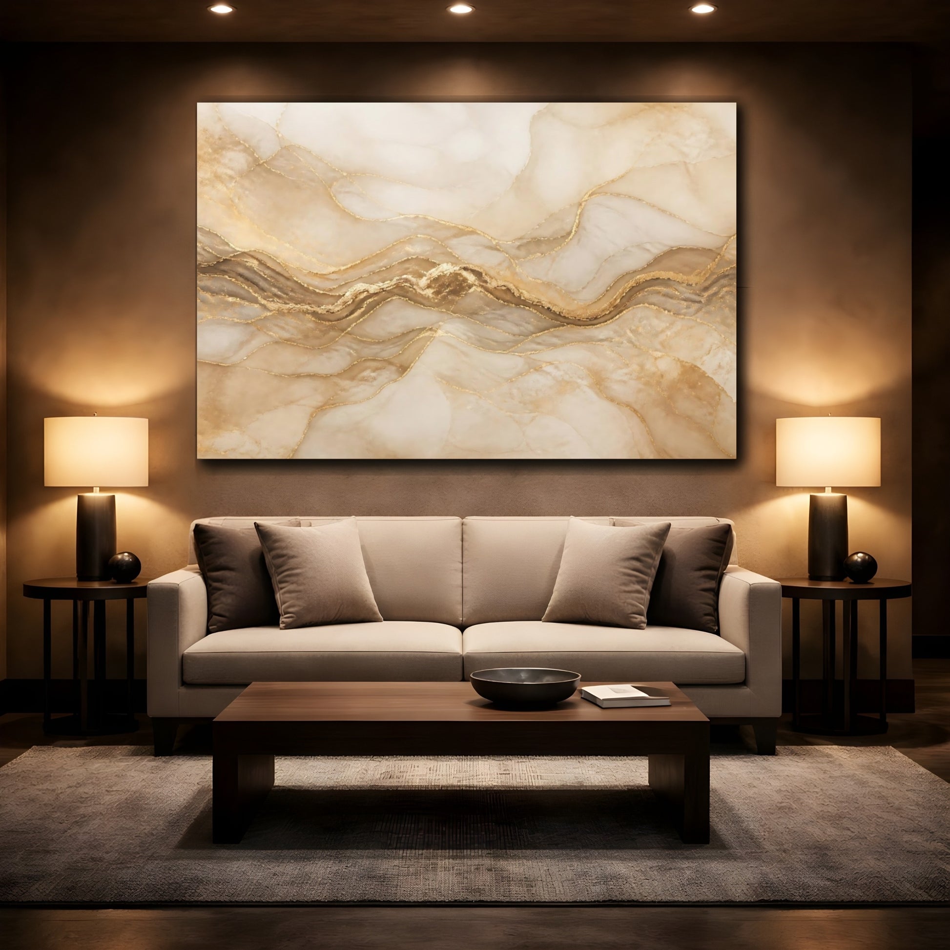 Mockup 2. Golden Marble Wave shown as canvas print