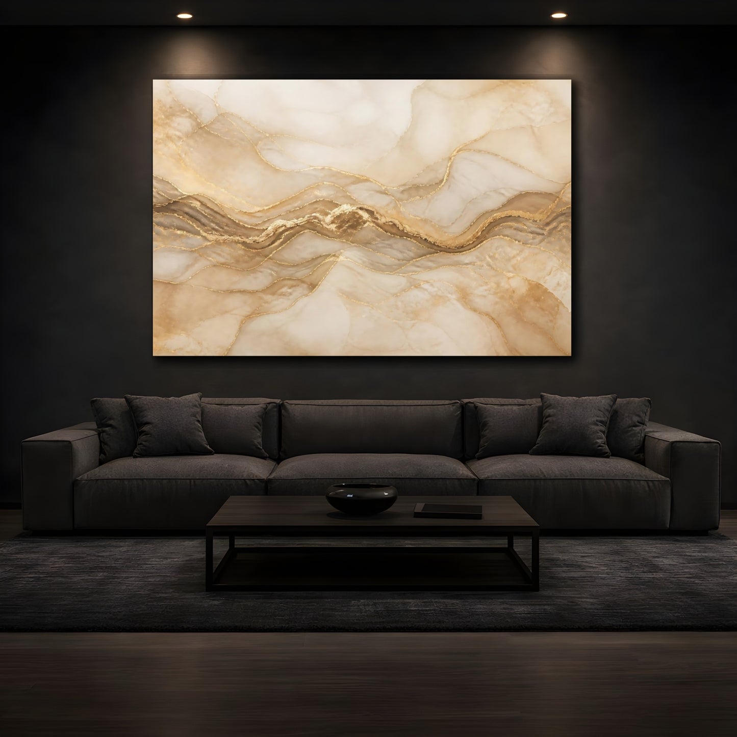 Mockup 3. Golden Marble Wave shown as canvas print