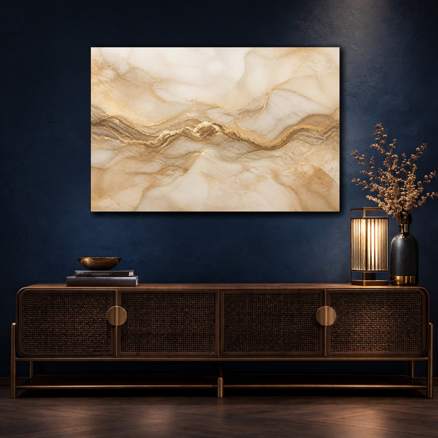 Mockup 4. Golden Marble Wave shown as canvas print