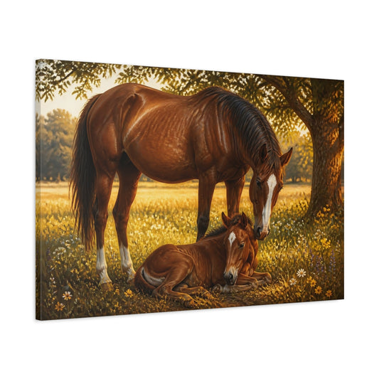 Main Mockup. Golden Mare And Foal shown as canvas print