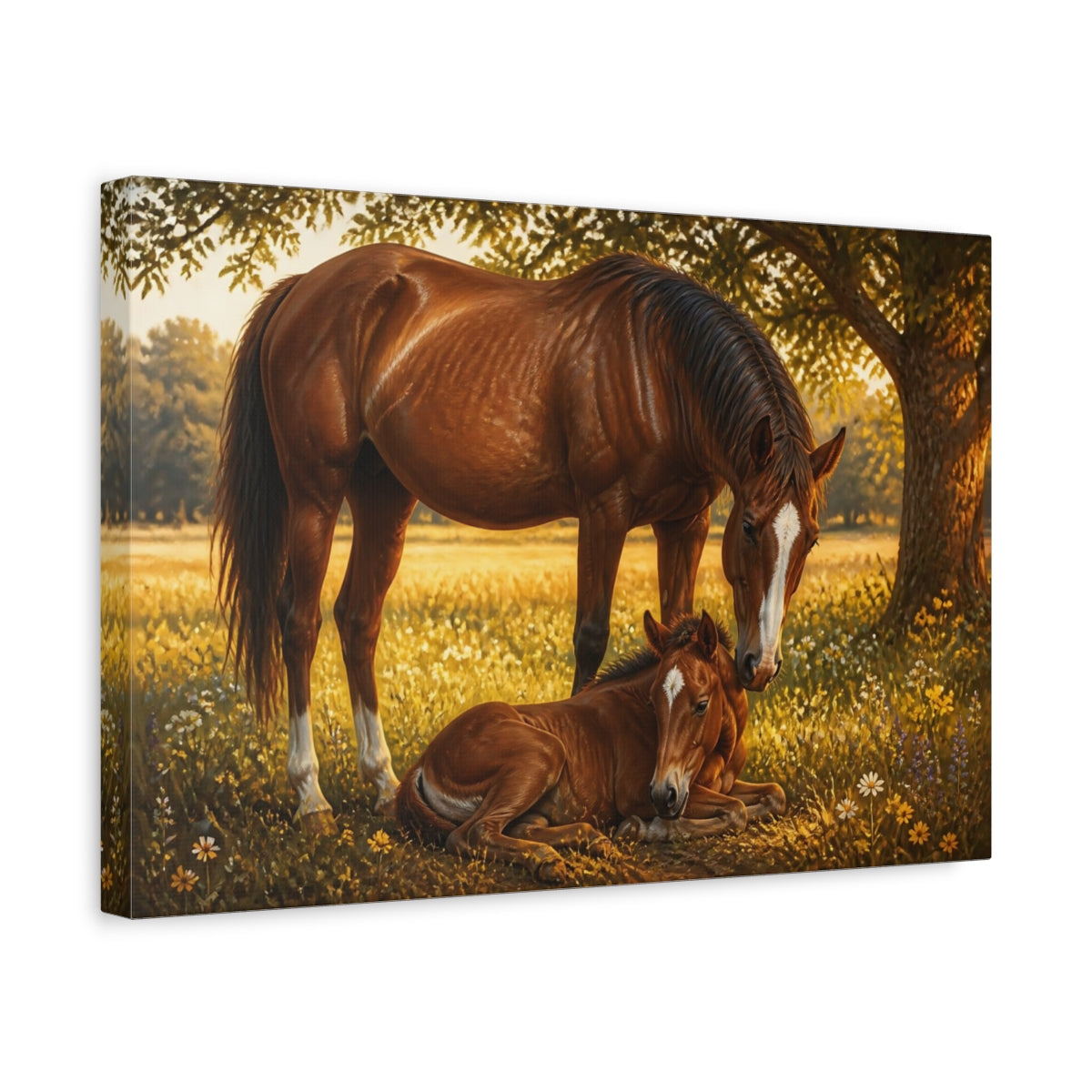 Side Mockup 4. Golden Mare And Foal shown as canvas print