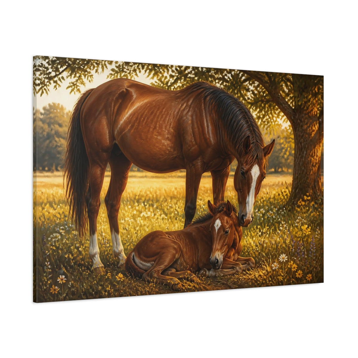 Side Mockup 1. Golden Mare And Foal shown as canvas print