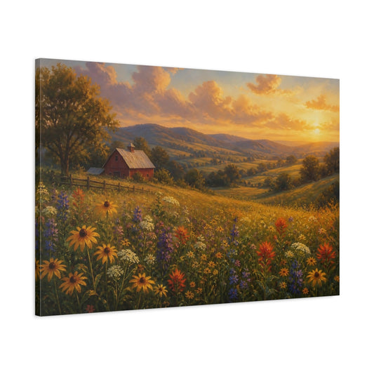 Main Mockup. Golden Meadow At Sunset shown as canvas print