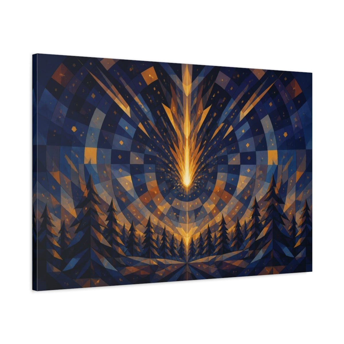 Main Mockup. Golden Meteor Over Pine Forest shown as canvas print