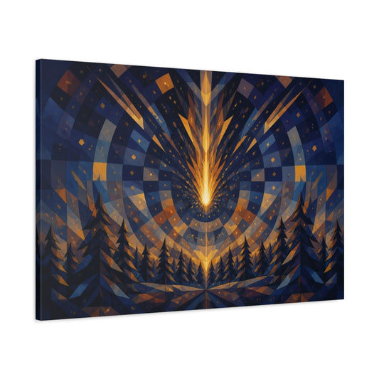 Main Mockup. Golden Meteor Over Pine Forest shown as canvas print