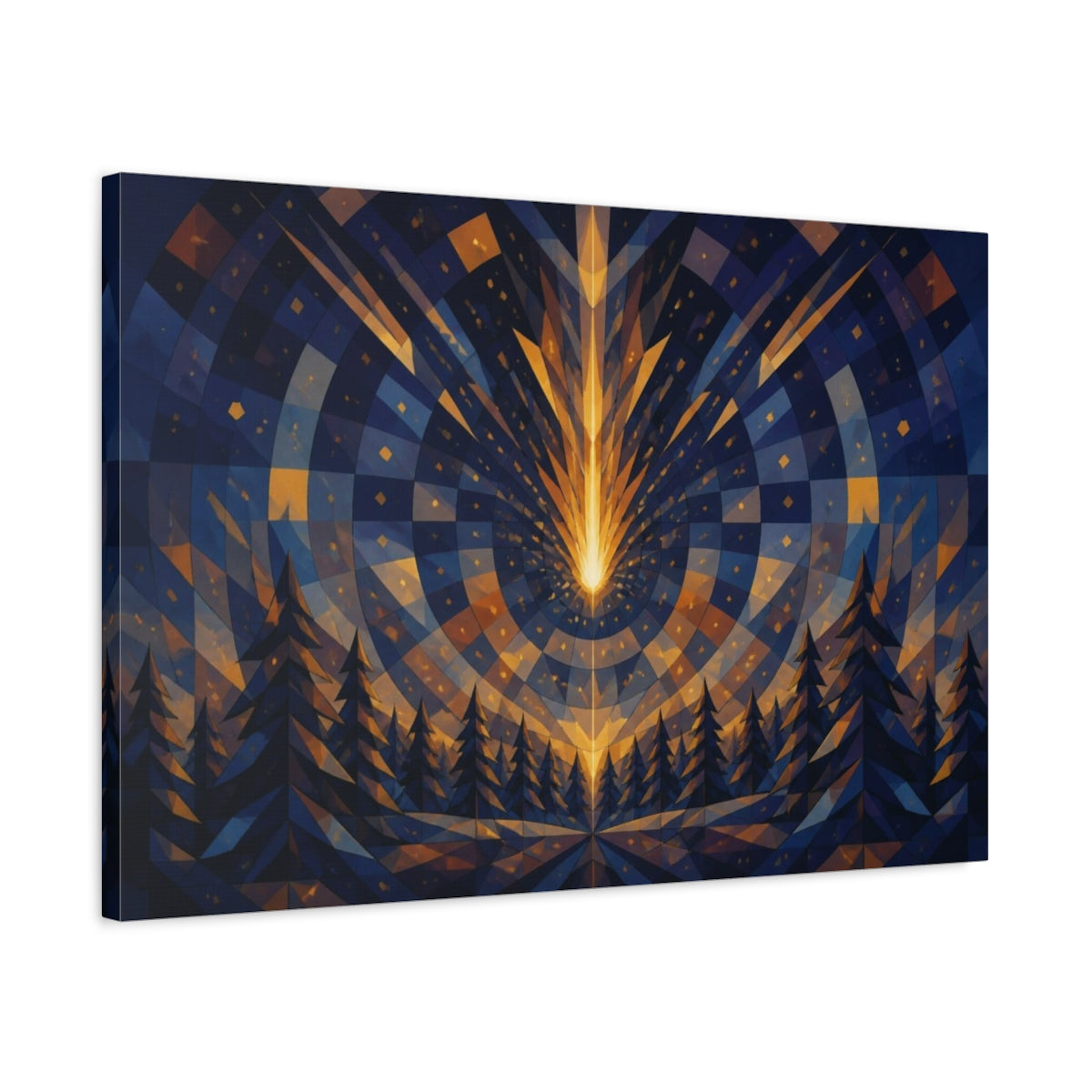 Side Mockup 2. Golden Meteor Over Pine Forest shown as canvas print