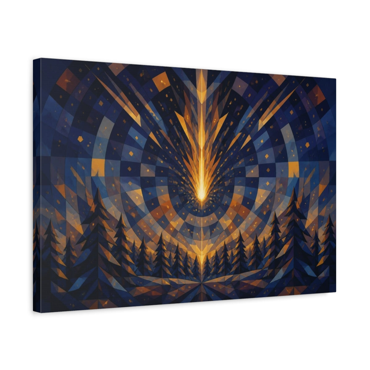 Side Mockup 3. Golden Meteor Over Pine Forest shown as canvas print