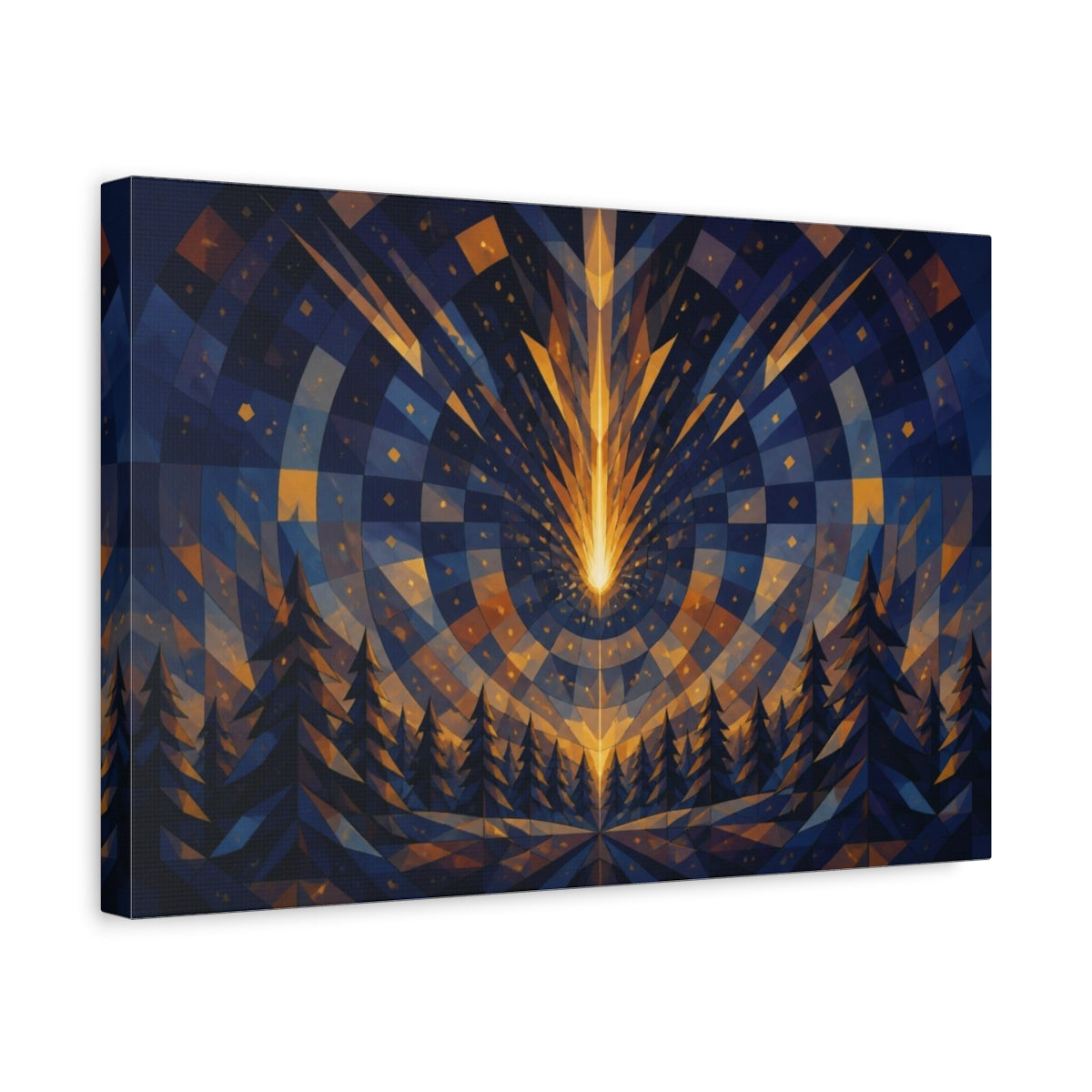 Side Mockup 4. Golden Meteor Over Pine Forest shown as canvas print