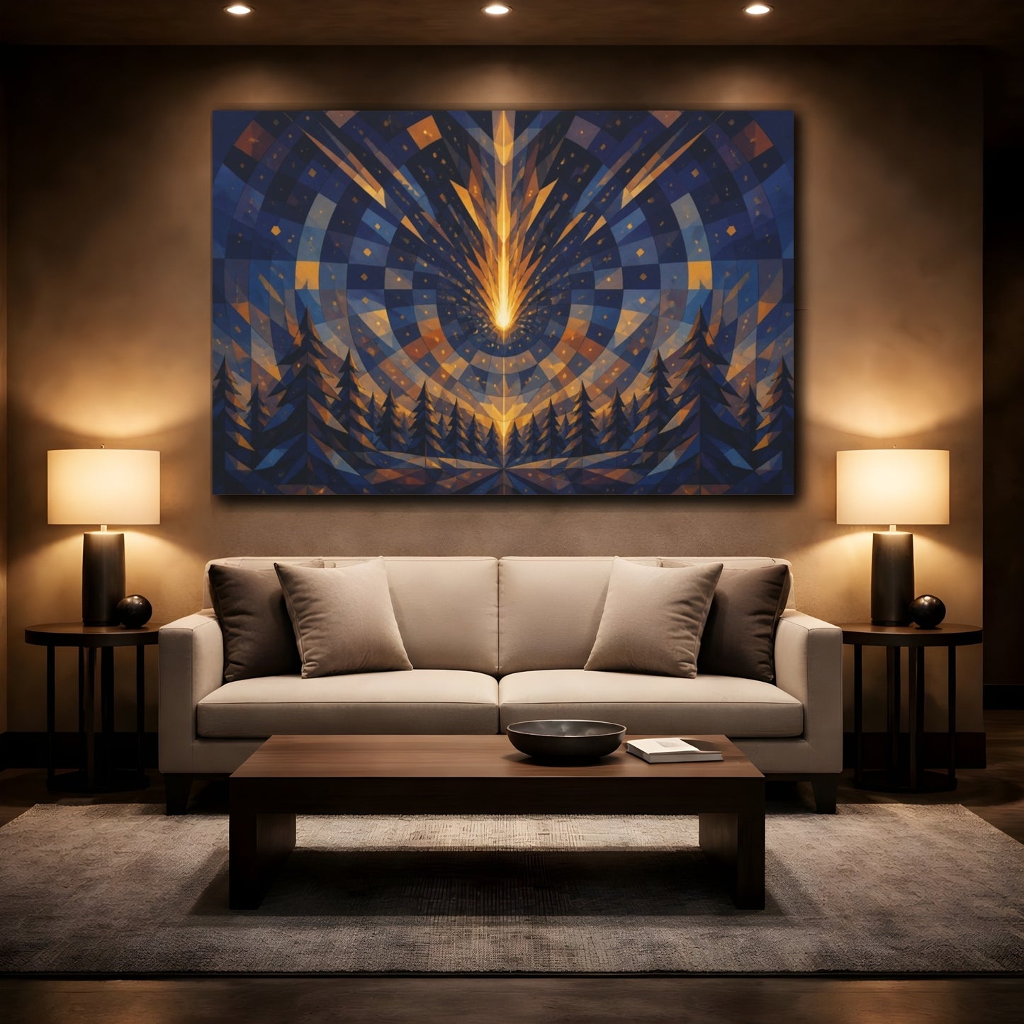 Mockup 2. Golden Meteor Over Pine Forest shown as canvas print