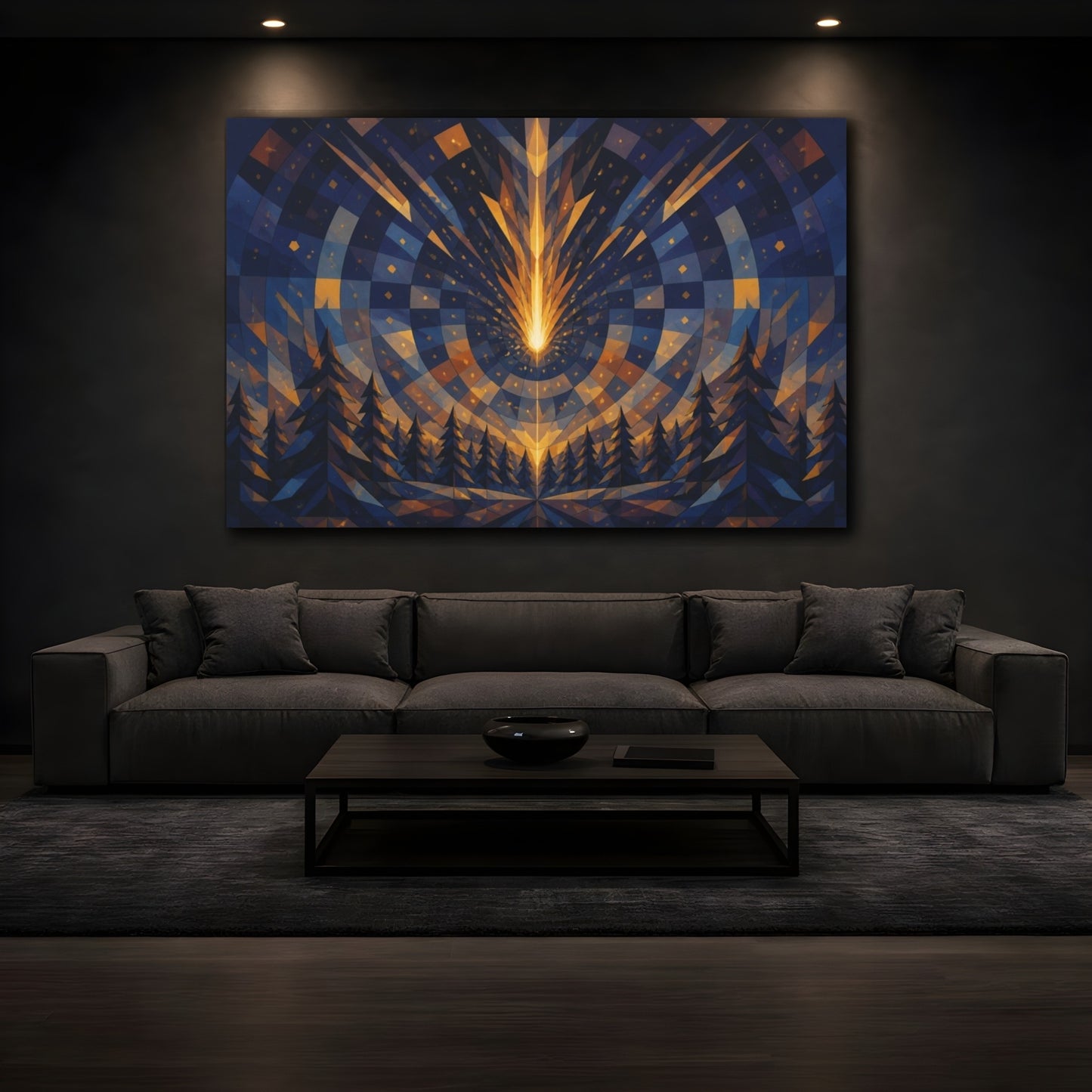 Mockup 3. Golden Meteor Over Pine Forest shown as canvas print